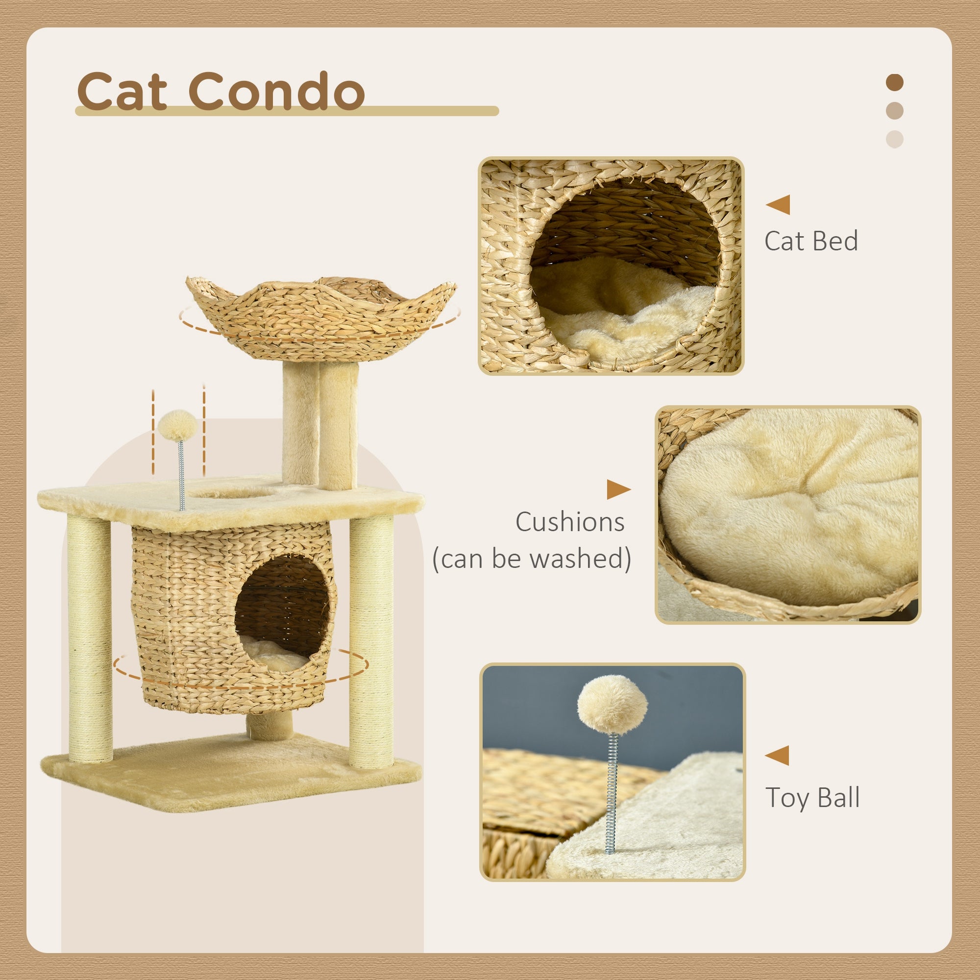 Cat Tree for Indoor Cats with Scratching Posts, Cat House, Bed, Toy Ball, Beige