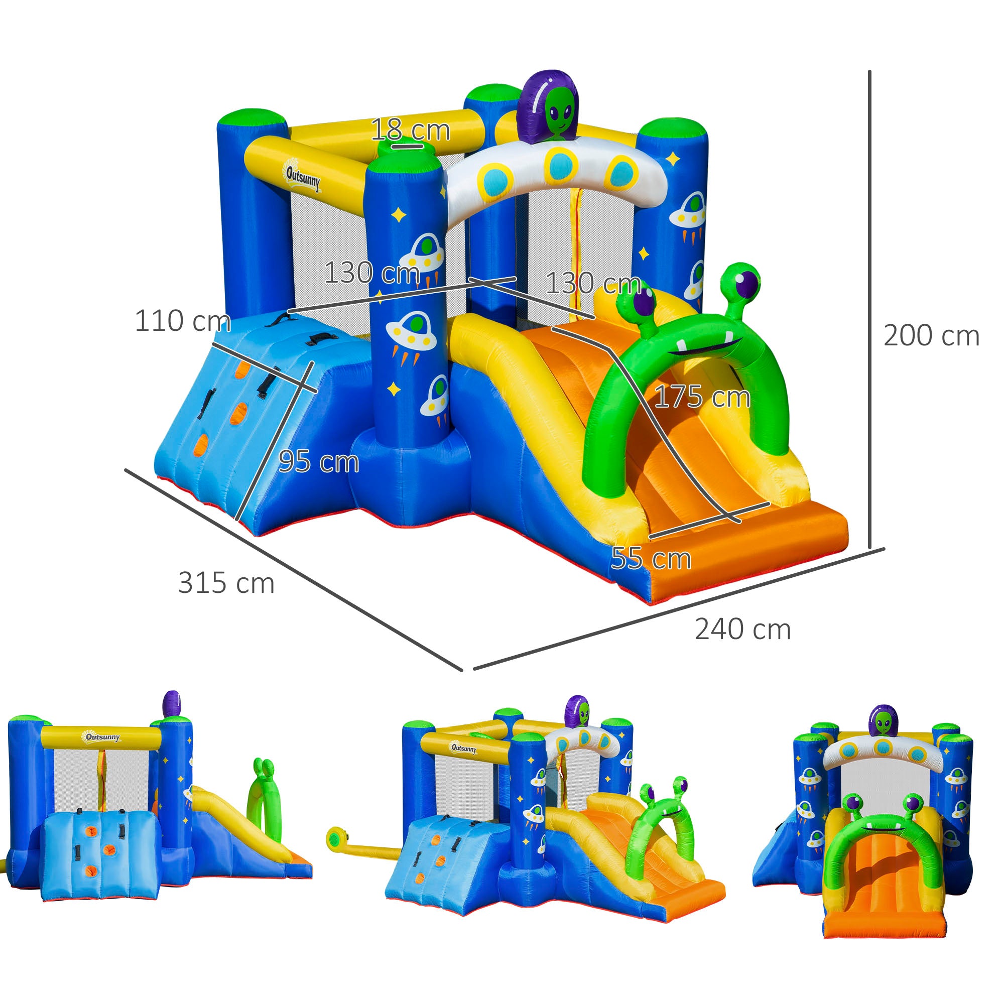 4 in 1 Kids Bounce Castle Large Alien-Style Inflatable House Slide Trampoline Climbing Wall Basket with for Kids Age 3-8, 3.2 x 2.4 x 2m