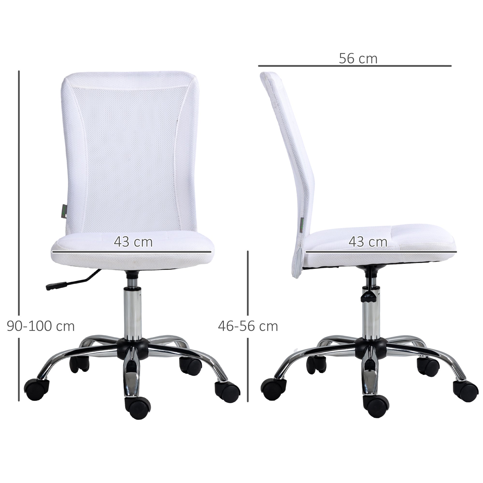 Computer Desk Chair, Mesh Office Chair with Adjustable Height and Swivel Wheels, Armless Study Chair, White