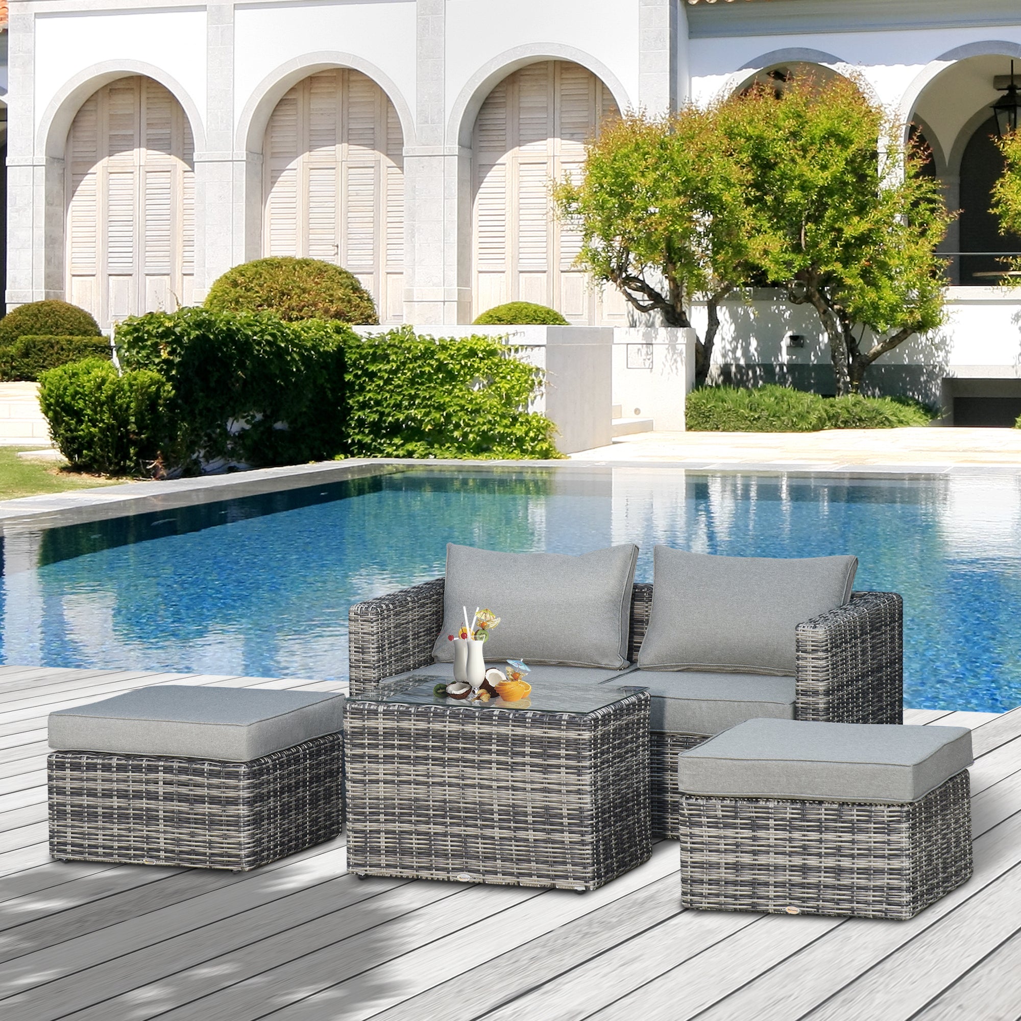 2 Seater Rattan Garden Furniture Set w/ Tall Glass-Top Table Aluminium Frame Balcony Sofa, Mixed Grey