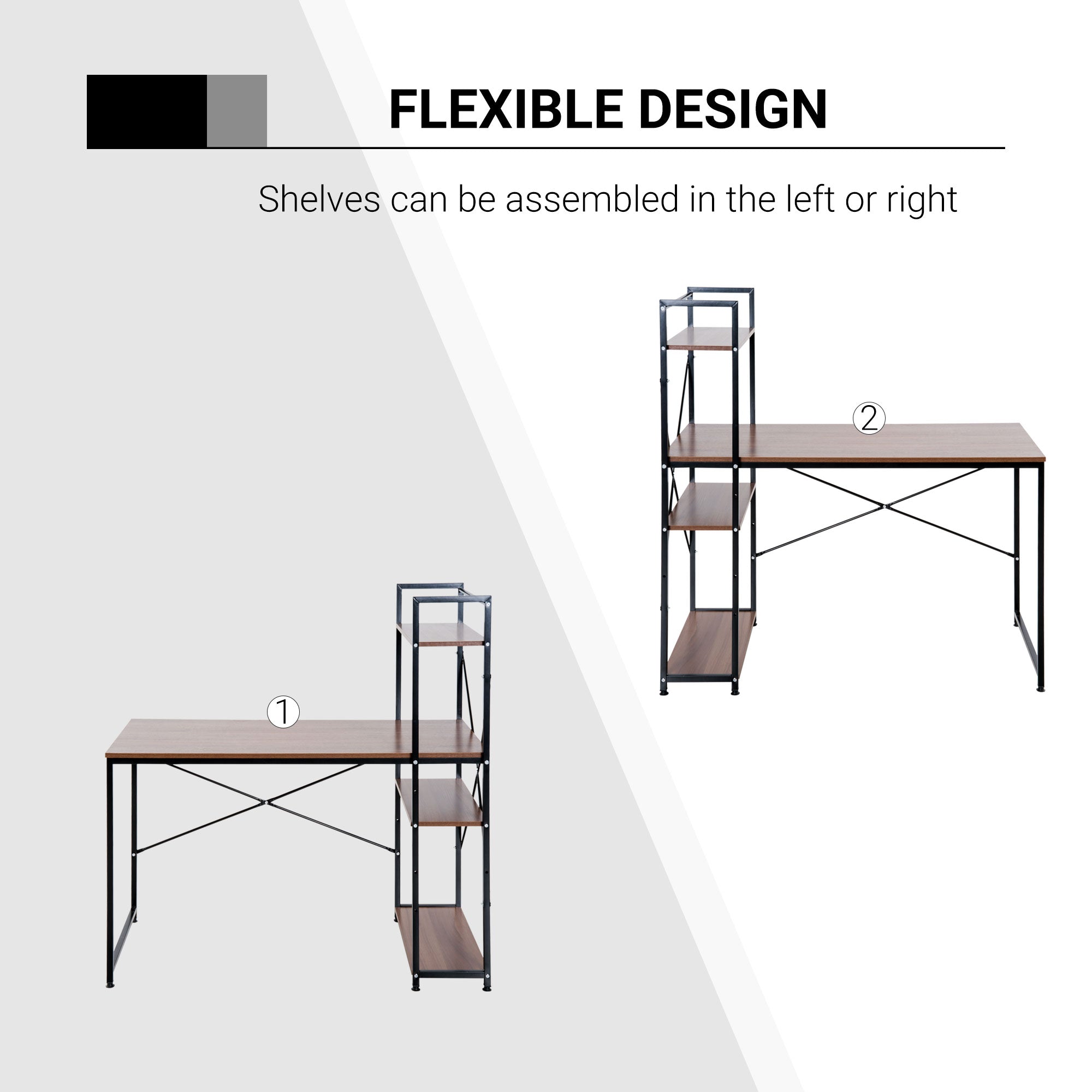 Computer Desk PC Table Study Workstation Home Office with 4-tier Bookshelf Storage Metal Frame Wooden Top (Walnut & Black)