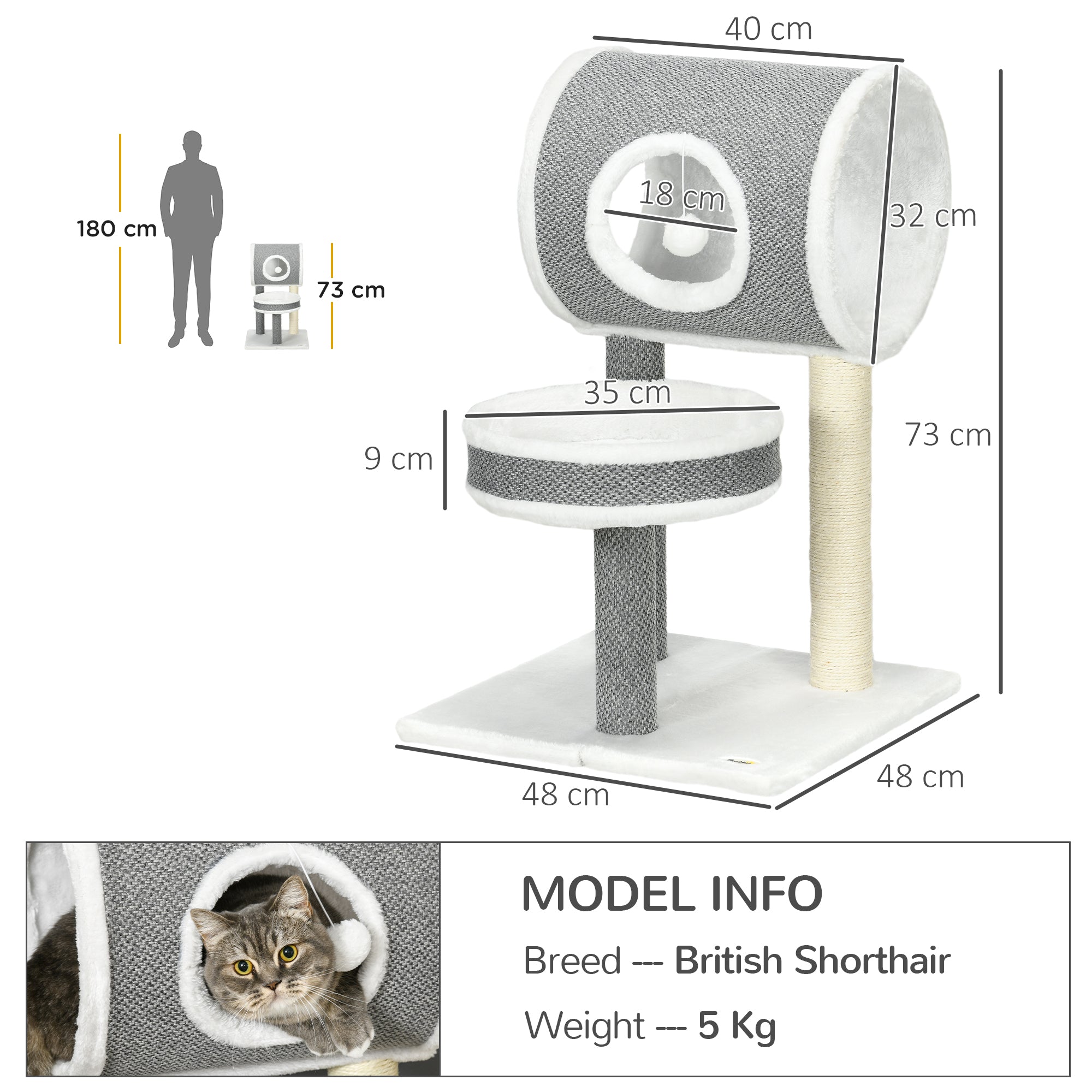 Cat Tree for Indoor Cats with Scratching Post, Bed, Tunnel, Toy Ball, 48 x 48 x 73 cm, White