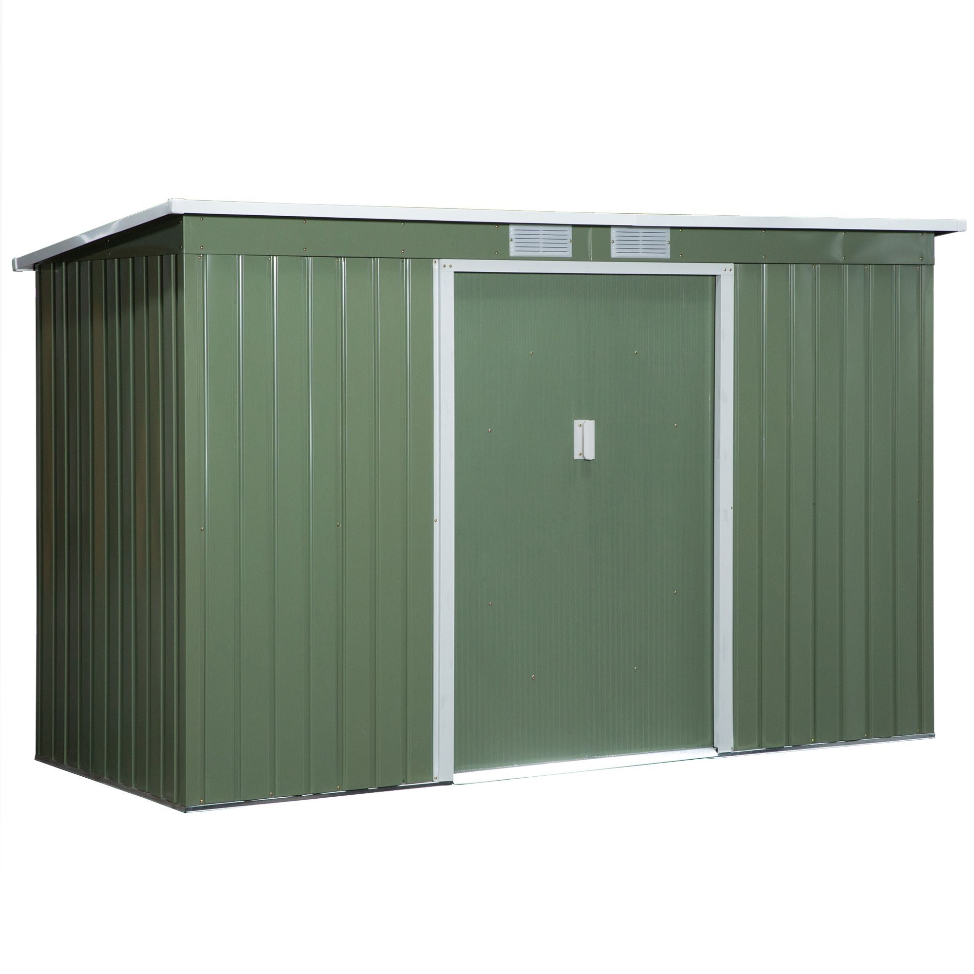 9 x 4.5 ft Pent Roof Metal Garden Storage Shed Corrugated Steel Tool Box with Foundation Ventilation & Doors, Light Green