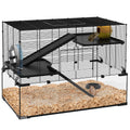 3 Tiers Hamster Cage with Deep Glass Bottom, Ramps, Wheel & Water Bottle for Syrian & Dwarf Hamsters - Black