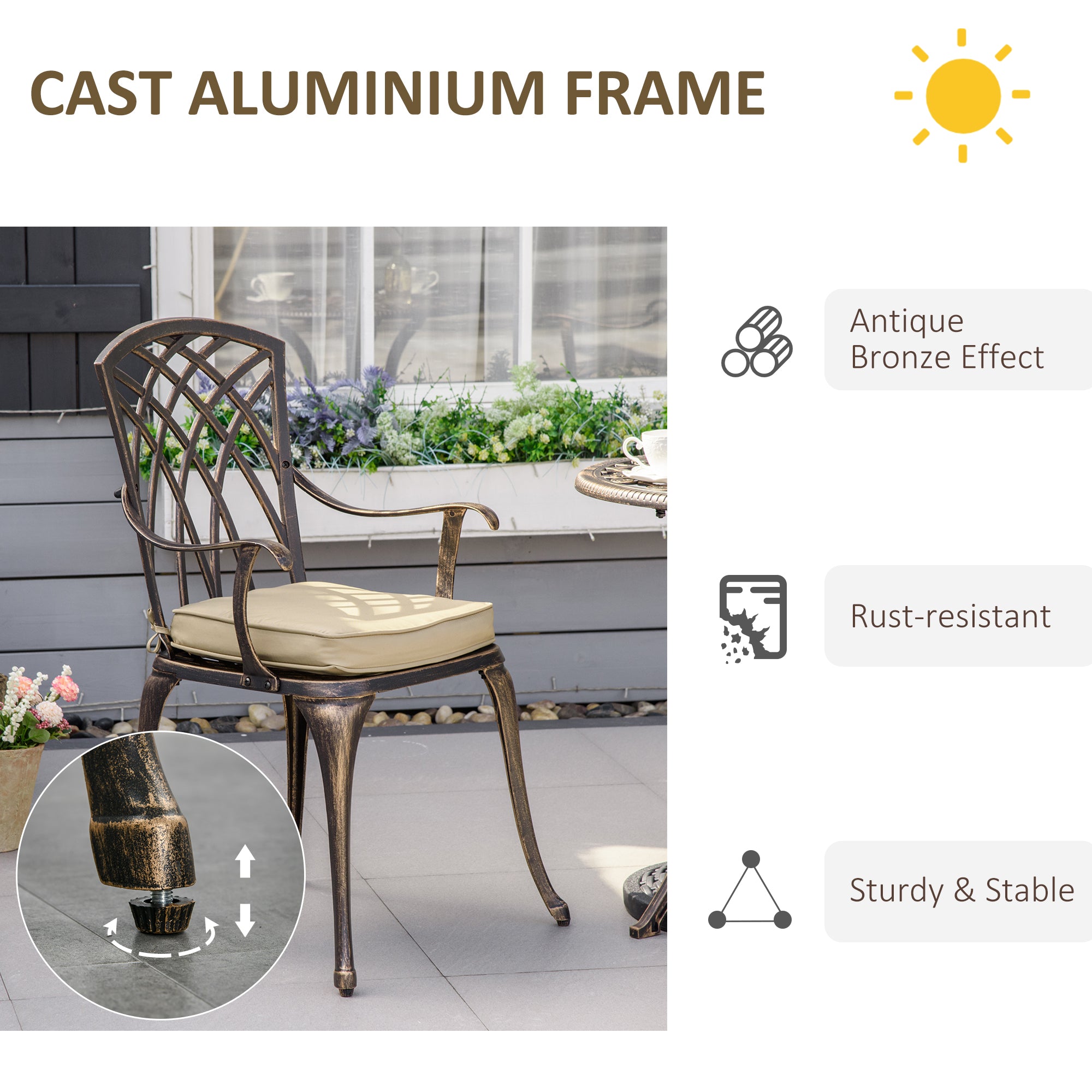 3 Piece Cast Aluminium Garden Bistro Set for 2 with Parasol Hole, Outdoor Coffee Table Set with Cushions - Bronze