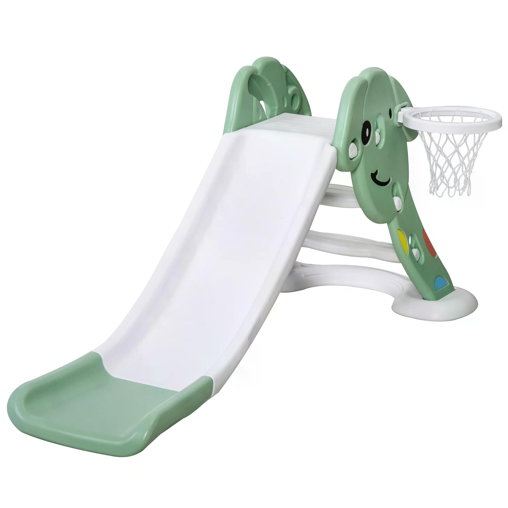 Kids Slide with Basketball Hoop Toddler Climber Freestanding Slider Playset Playground Slipping Slide for 2-6 Years Old Green