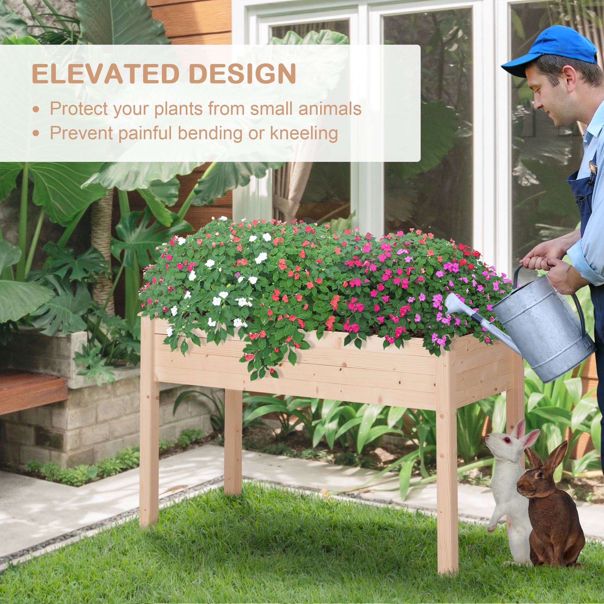 Garden Wooden Planters， Non-Woven Fabric, Rectangular Raised Bed,Fir Wood，Indoor/Outdoor, 122.5Lx56.5Wx76H cm