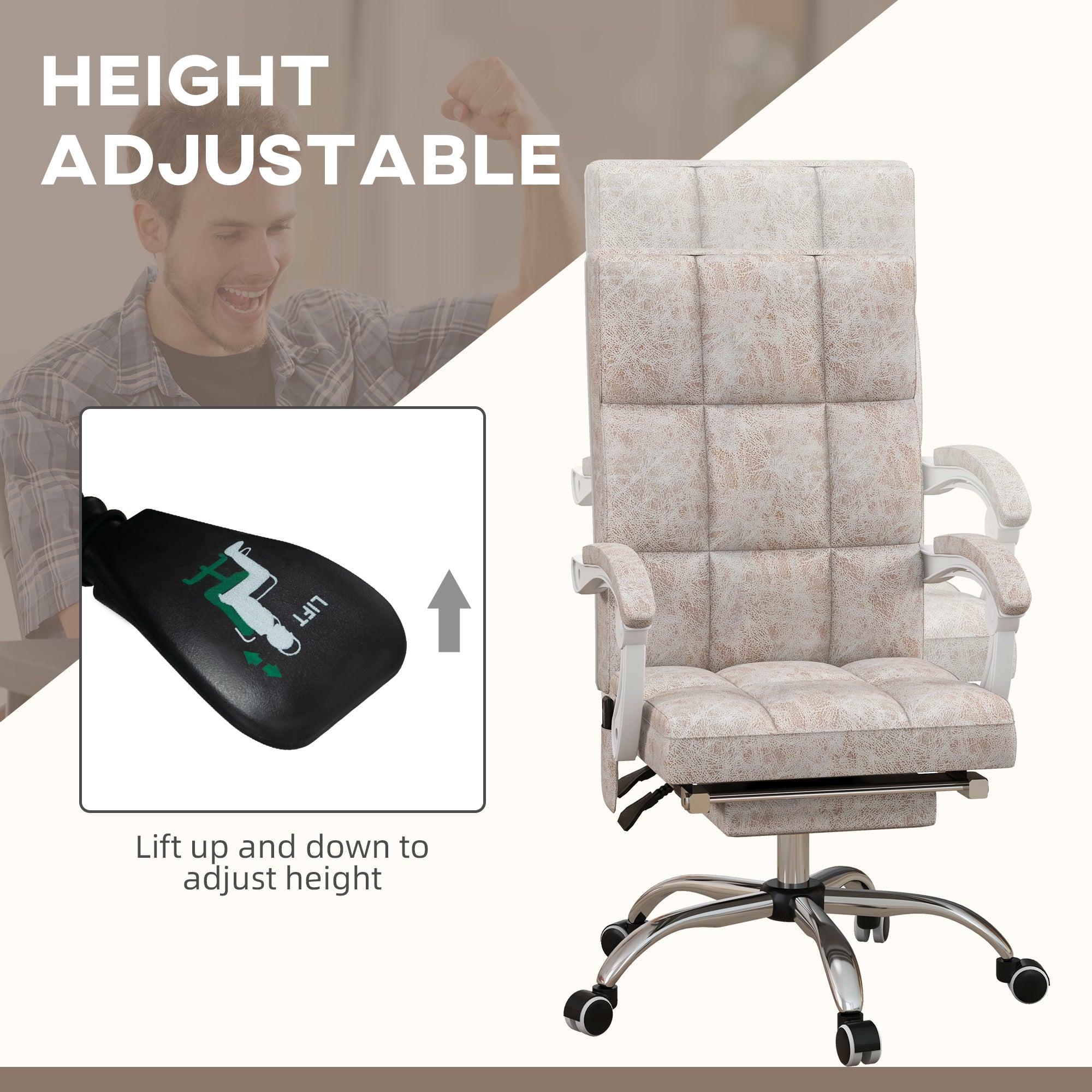 Executive Vibration Massage Office Chair, Microfibre Computer Chair with Armrest, 135° Reclining Back, Beige