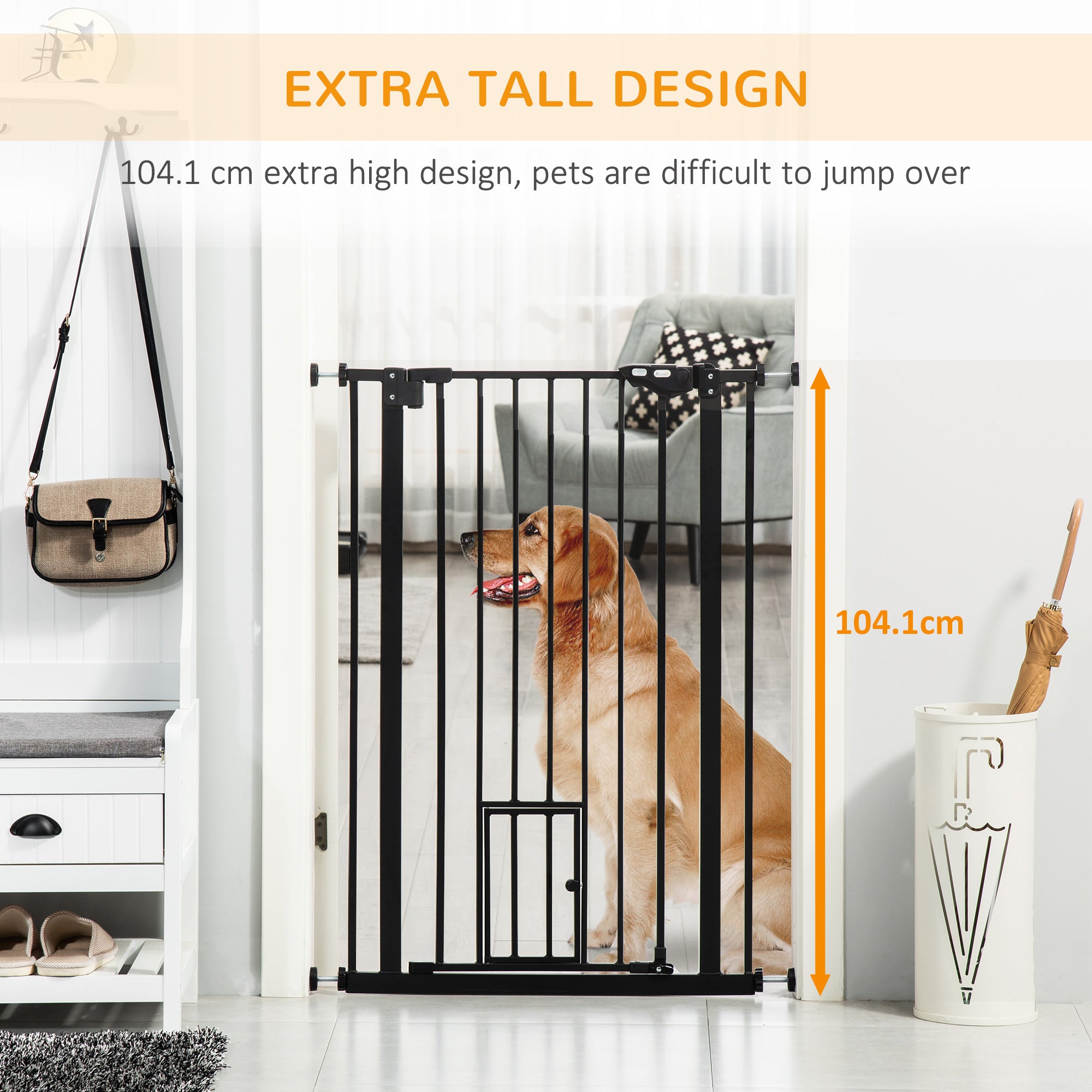 Extra Tall Pet Gate, Indoor Dog Safety Gate, with Cat Flap, Auto Close, 74-101cm Wide - Black