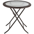 Folding Round Tempered Glass Metal Table with Brown Rattan Edging - Brown