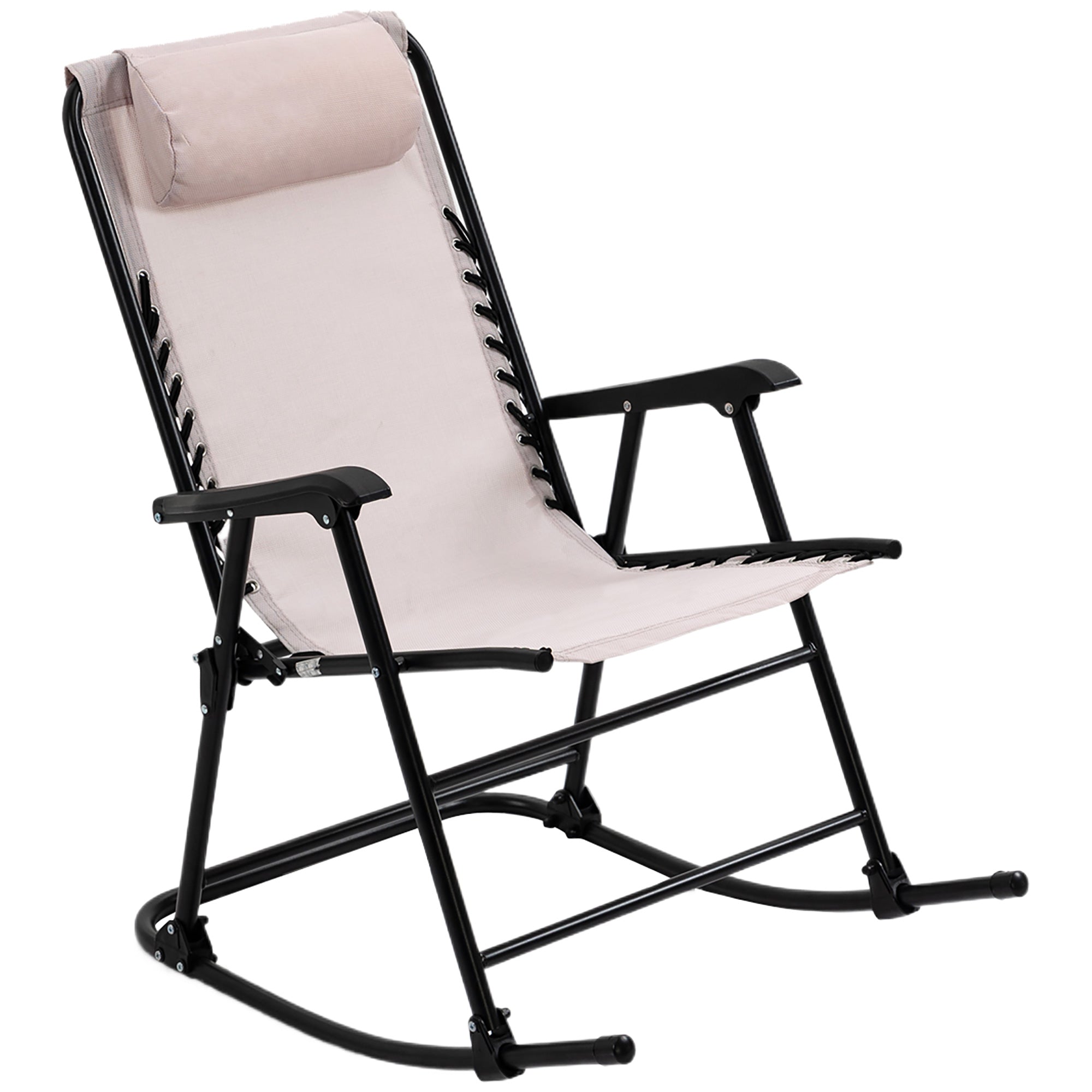 Garden Rocking Chair Folding Outdoor Adjustable Rocker Zero-Gravity Seat with Headrest Camping Fishing Patio Deck - Beige