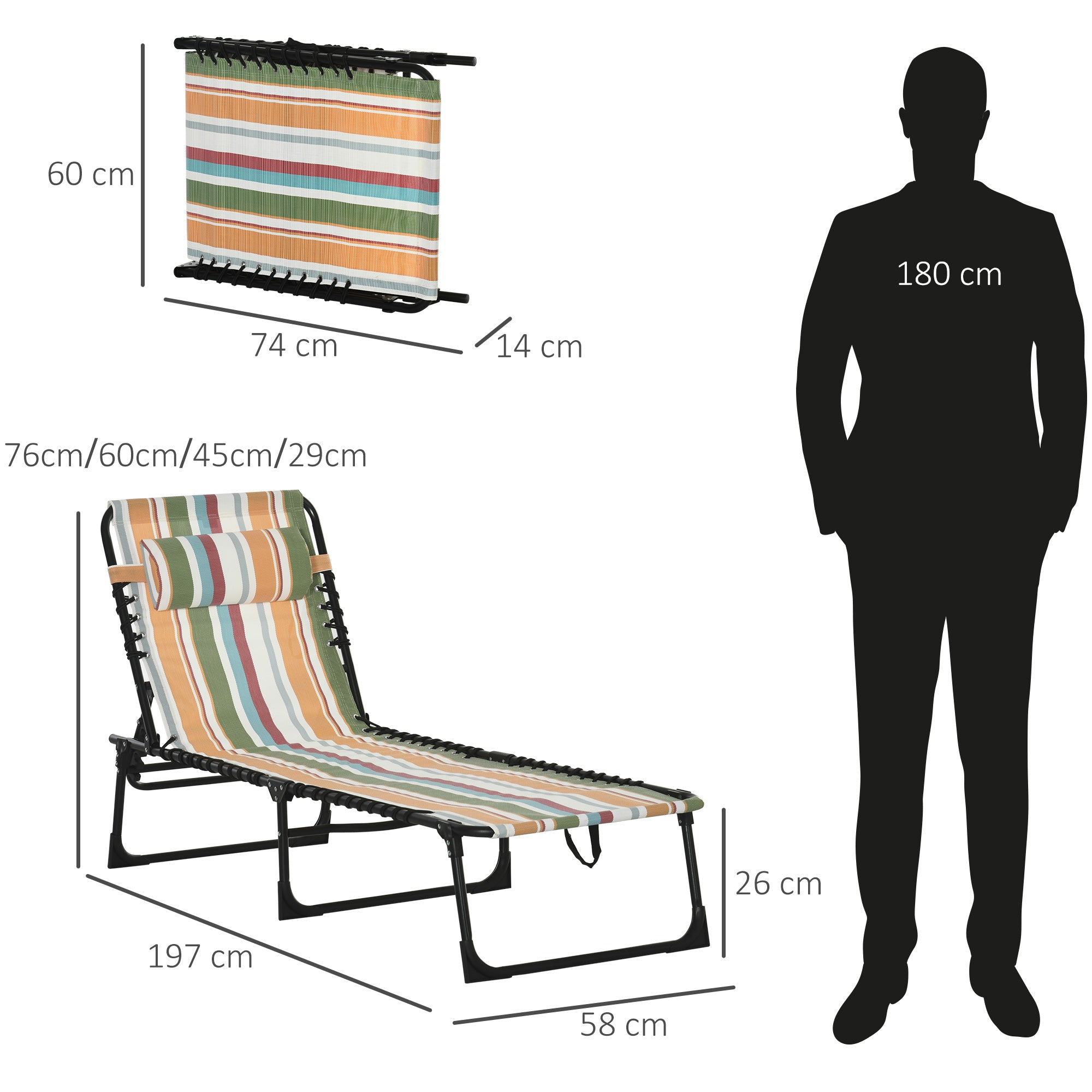 Folding Sun Lounger Beach Chaise Chair Garden Reclining Cot Camping Hiking Recliner with 4 Position Adjustable, Multicolored