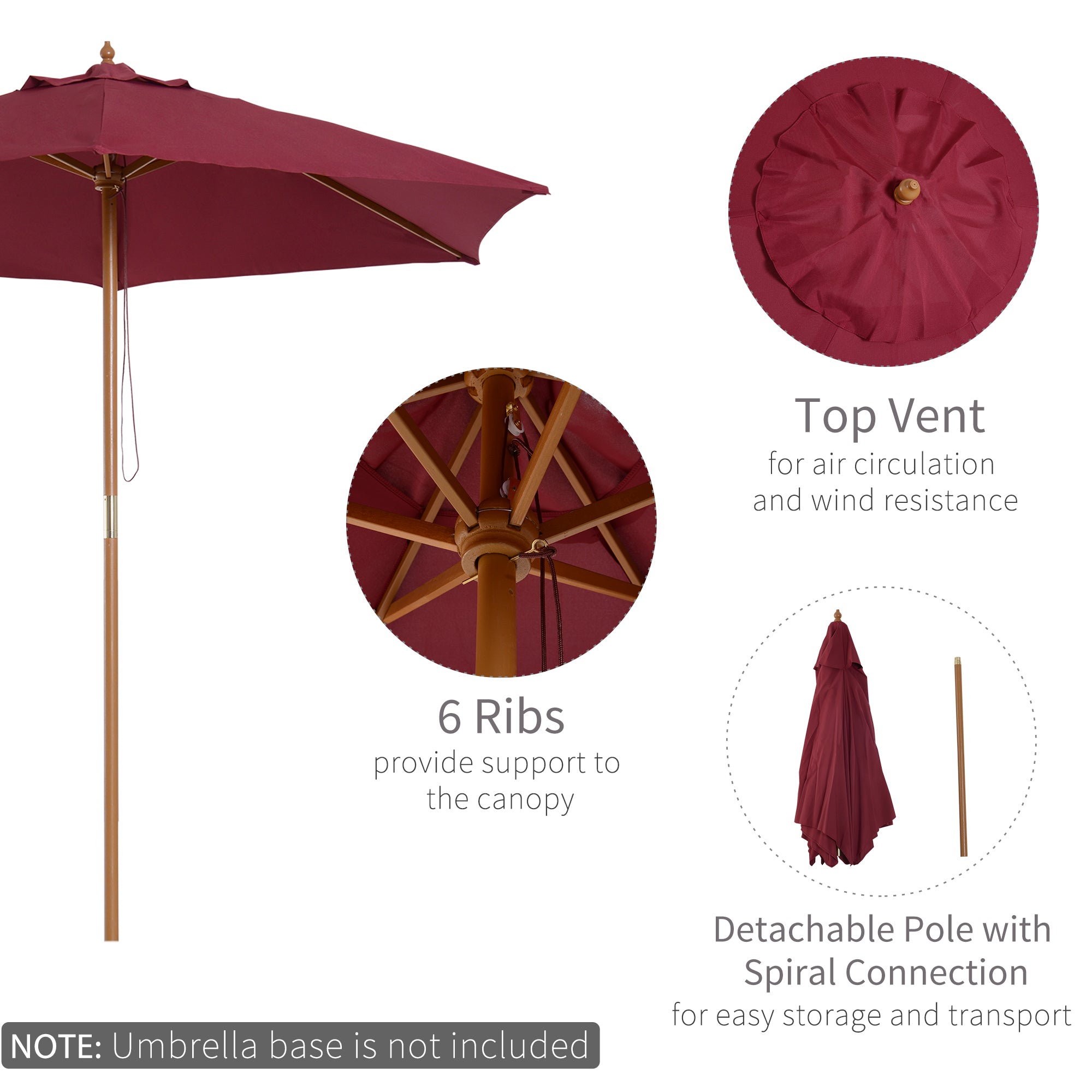 2.5m Wooden Garden Parasol Umbrella-Red Wine