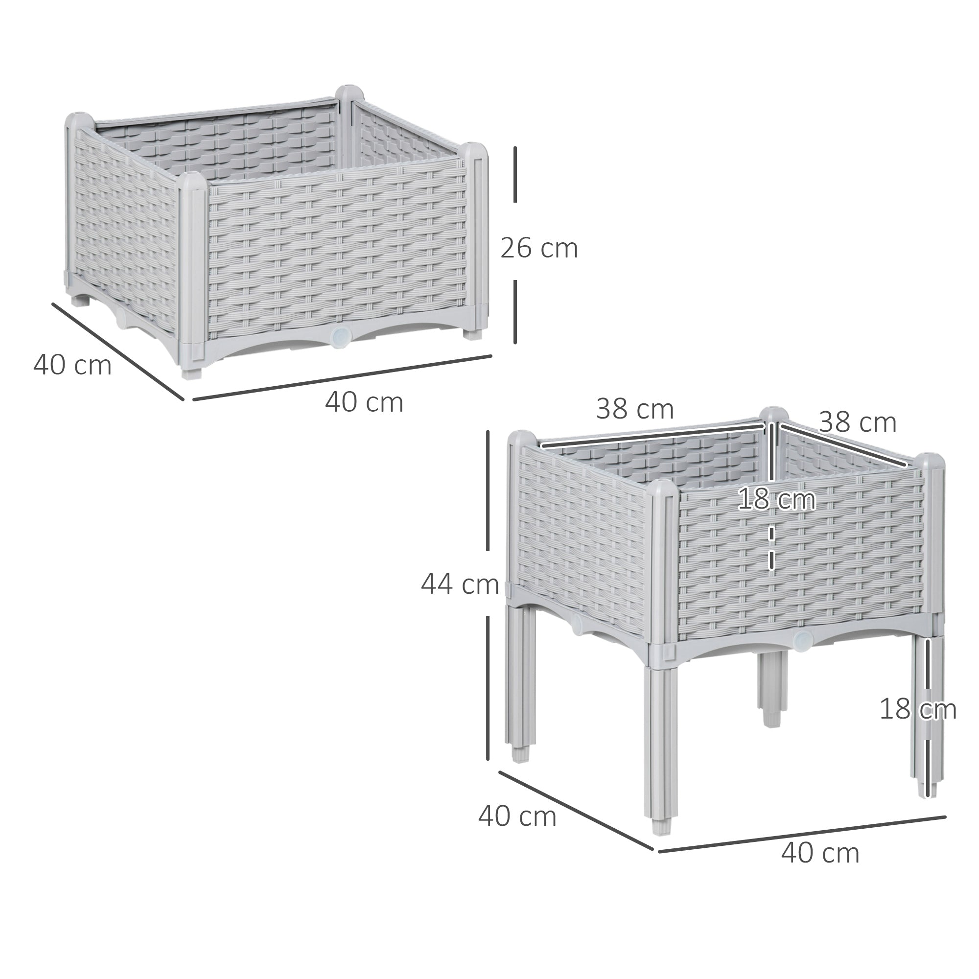 40cm x 40cm x 44cm Set of 2 Garden Raised Bed Elevated Patio Flower Plant Planter Box PP Vegetables Planting Container, Grey