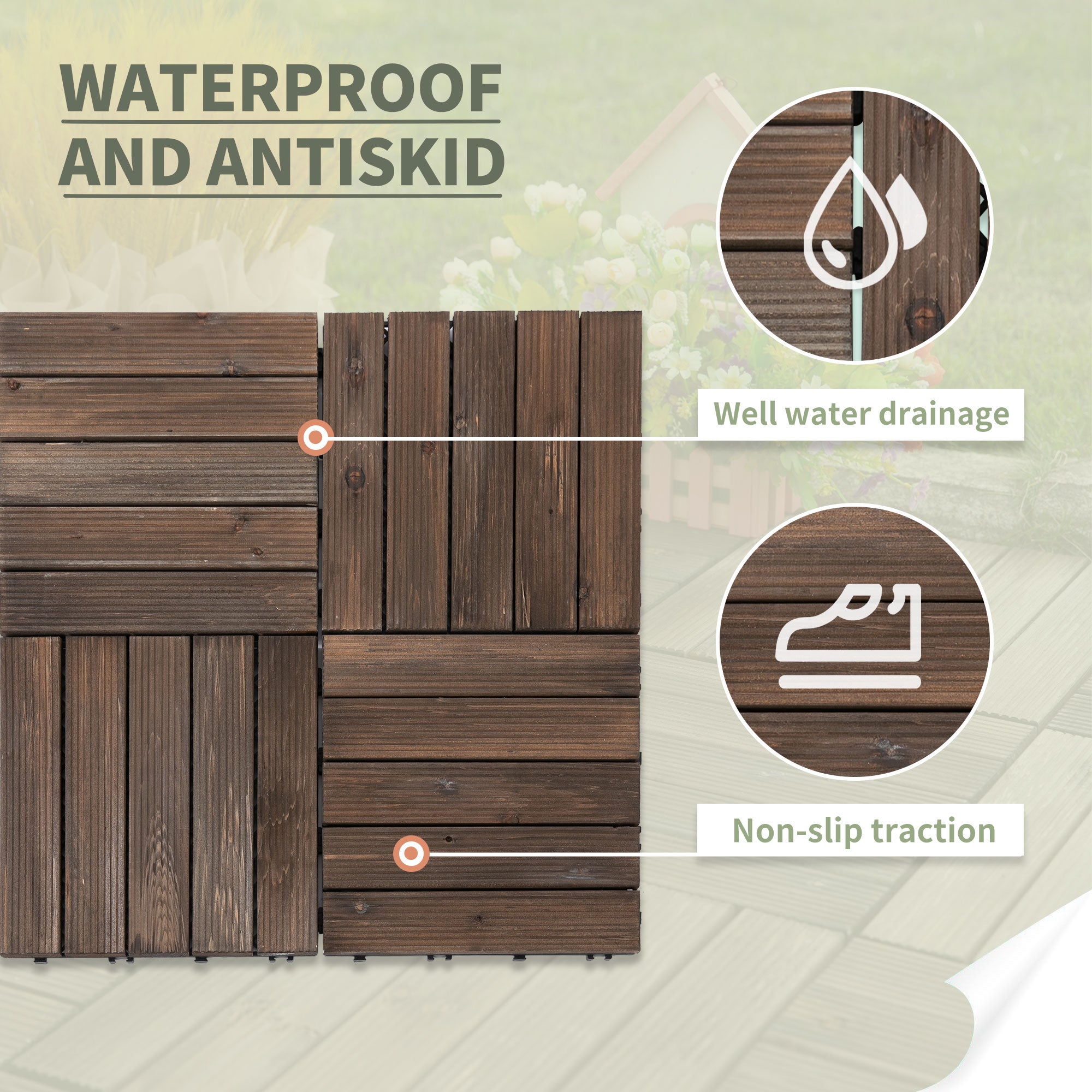 27-Piece Solid Wood Interlocking Decking Tiles Set 30x30cm - Black