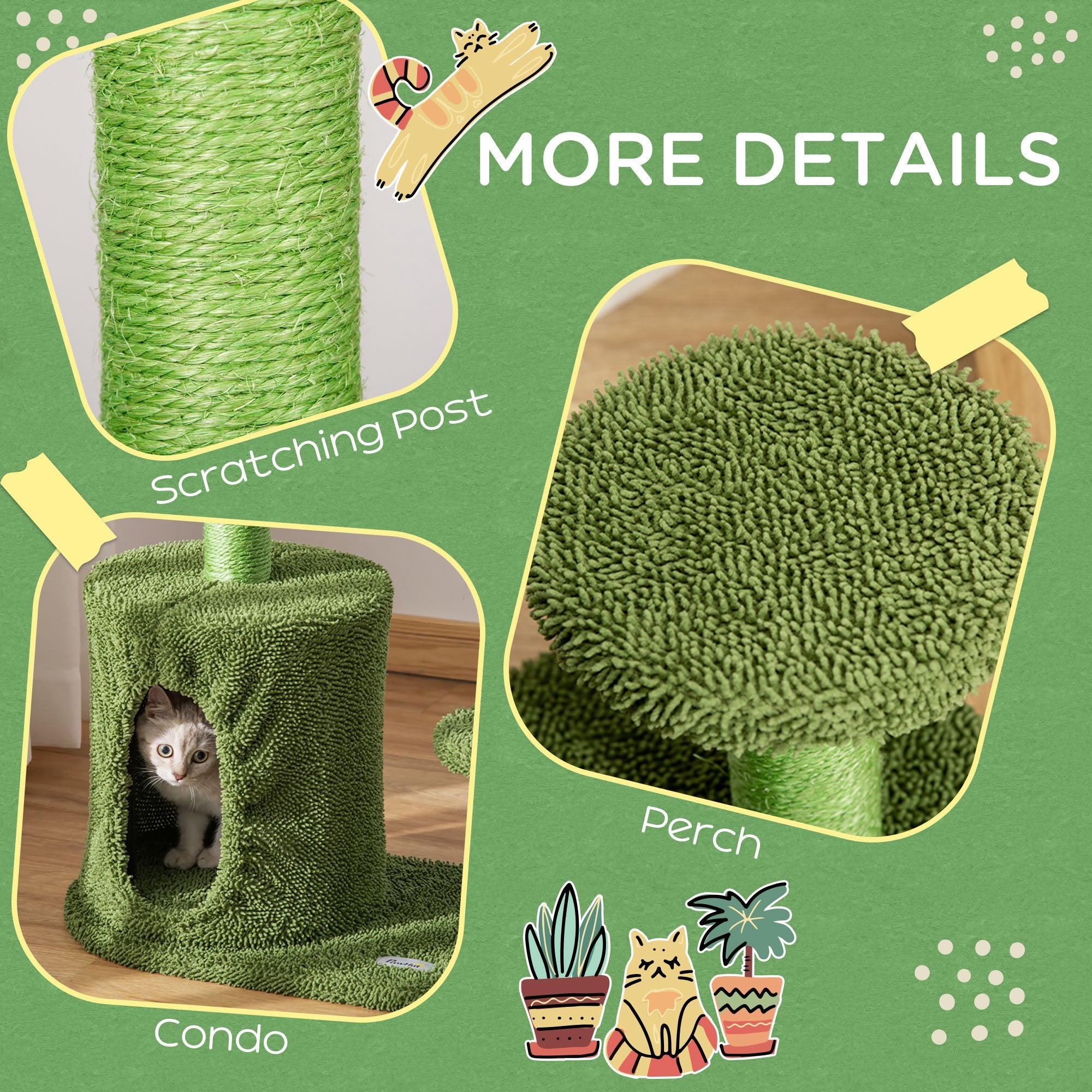 Cat Tree Tower Cactus Shape with Scratching Post Condo Perch Dangling Ball Kitten Toy Play House Activity Center