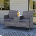 2 Seater Rattan Companion Bench with Cushions and Glass Table - Grey Outdoor