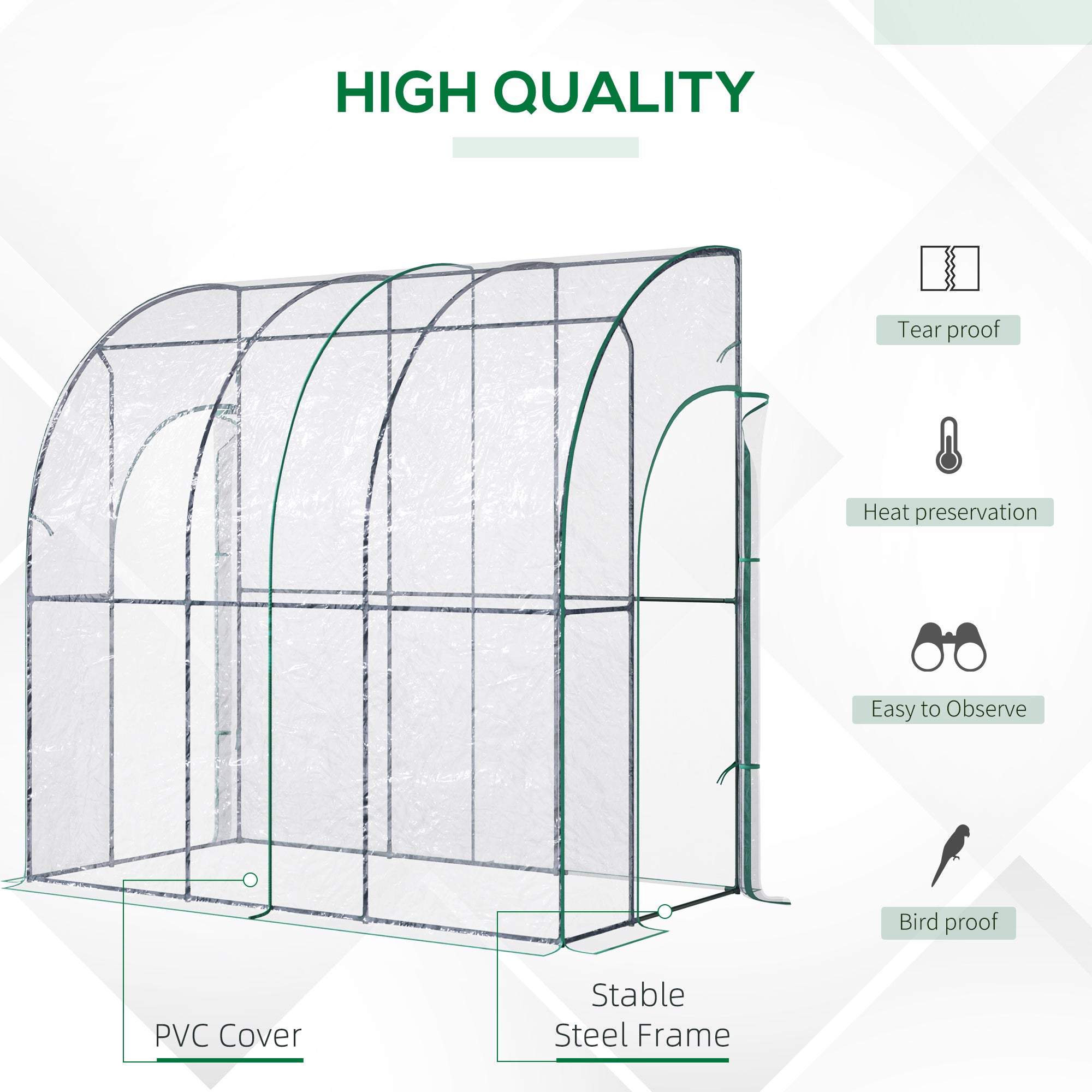 Outdoor Walk-In Lean to Wall Tunnel Greenhouse with Zippered Roll Up Door PVC Cover Sloping Top, Clear, Green 214cm x 118cm x 212cm