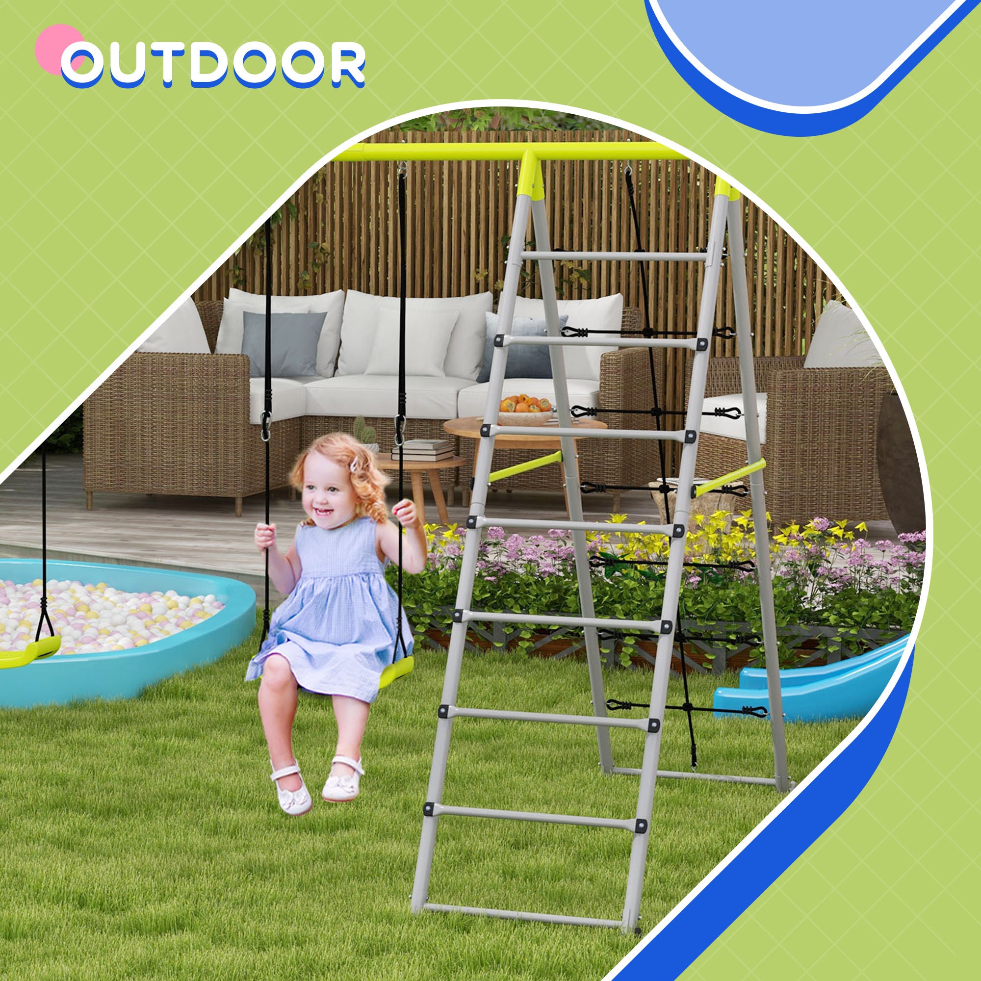 4 in 1 Metal Garden Swing Set with Double Swings Climber Climbing Net Green