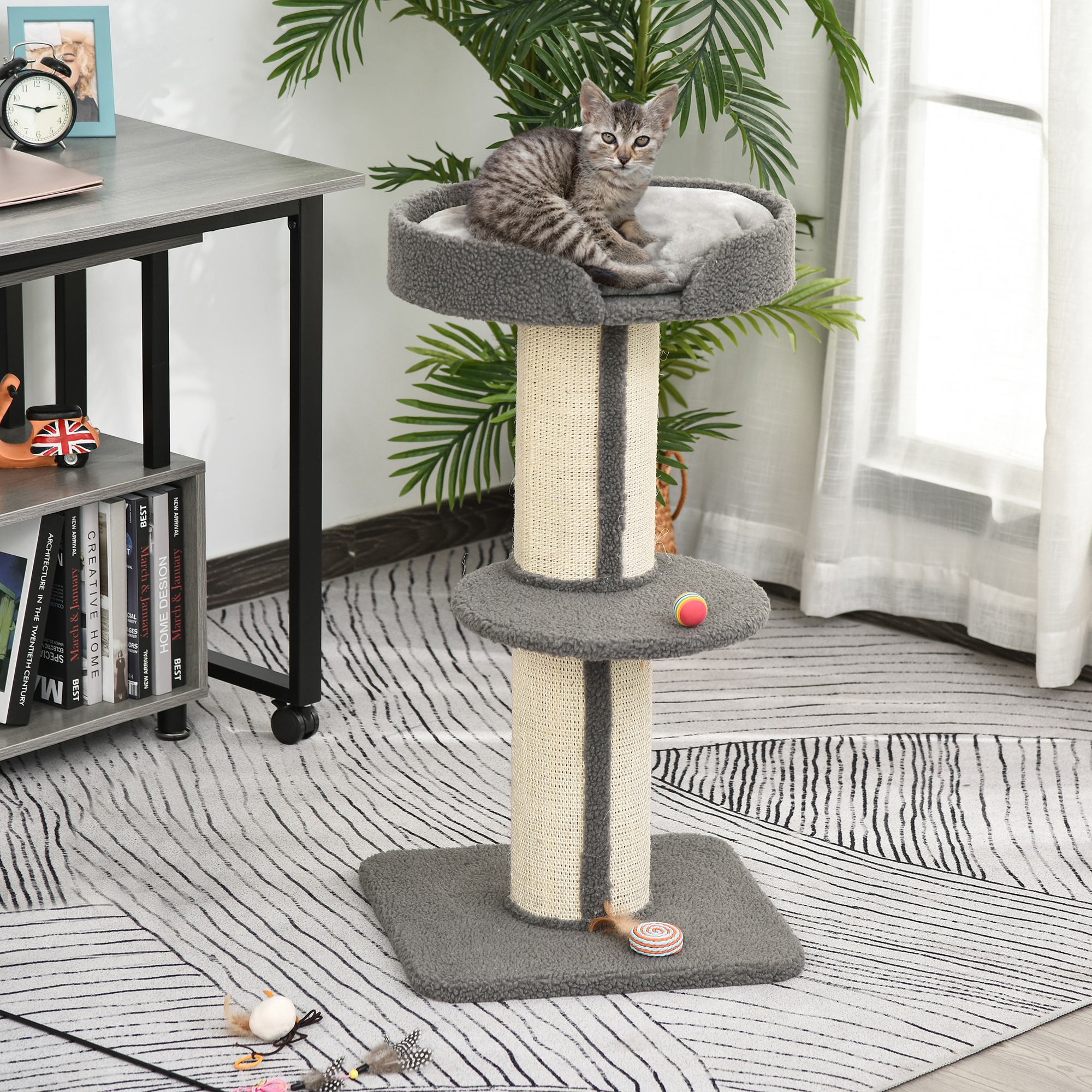 81cm Cat Tree with Sisal Scratching Post, Cat Tower Kitten Activity Center climbing frame with large platform Lamb Cashmere Perch, Grey