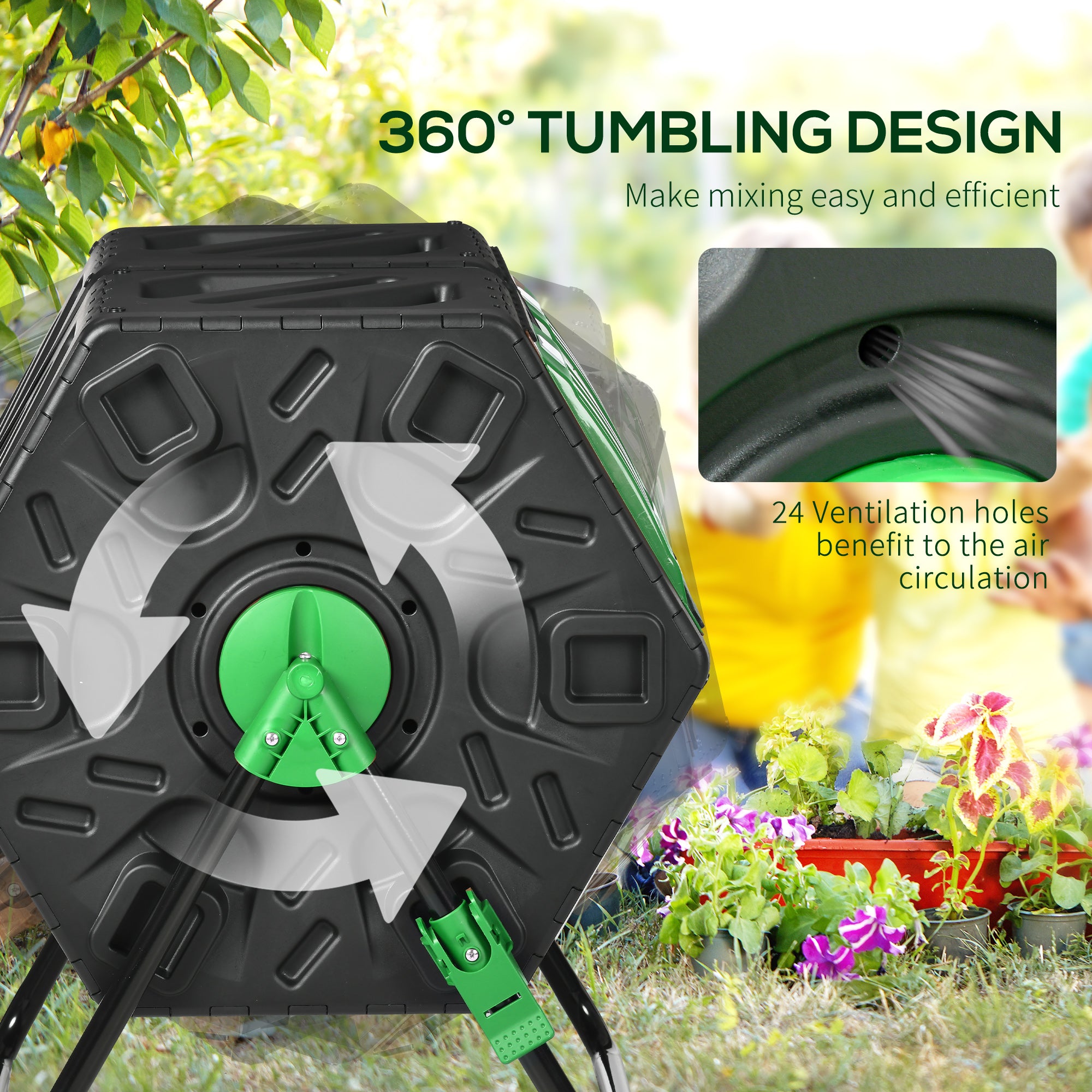 Dual Chamber Garden Compost Bin, 130L Rotating Composter, Compost Maker with Ventilation Openings and Steel Legs