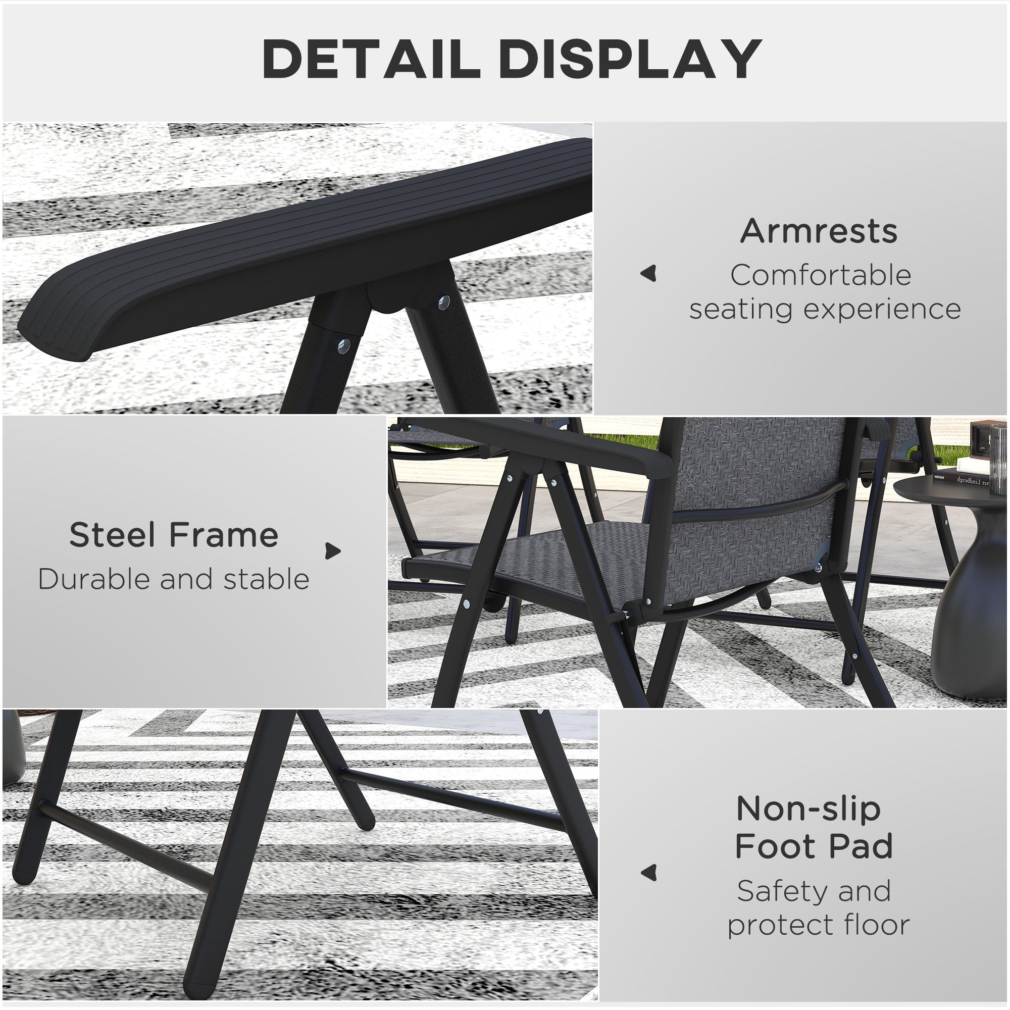 4 Piece Outdoor Folding Rattan Chair Set with Adjustable Backrest - Black