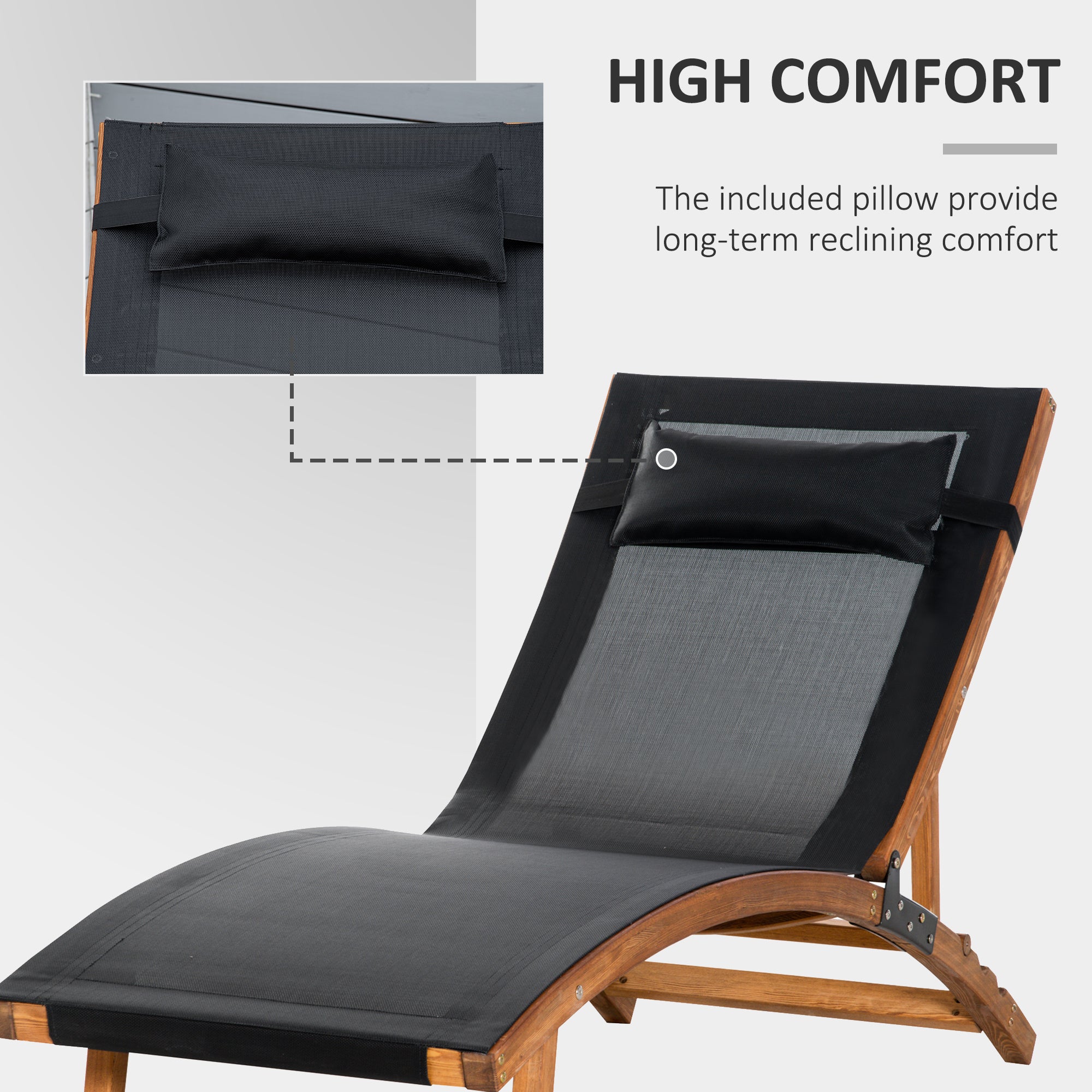 Ergonomic Wooden Patio Lounge Chair with Adjustable Back and Removable Pillow Black