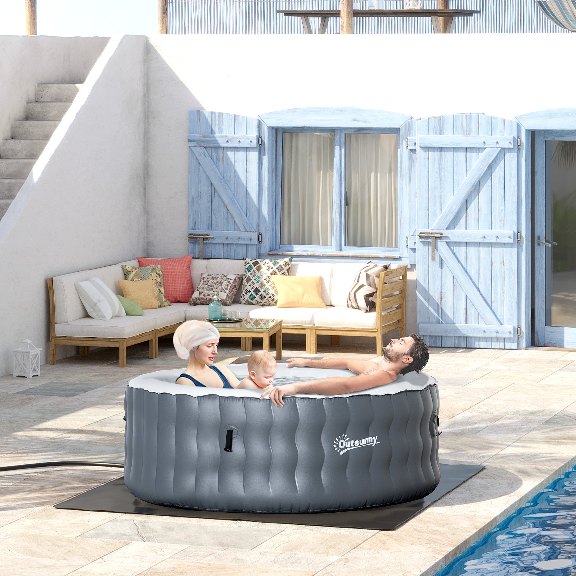 Round Hot Tub Inflatable Spa Outdoor Bubble Spa Pool with Pump, Cover, Filter Cartridges, 4 Person, Light Grey