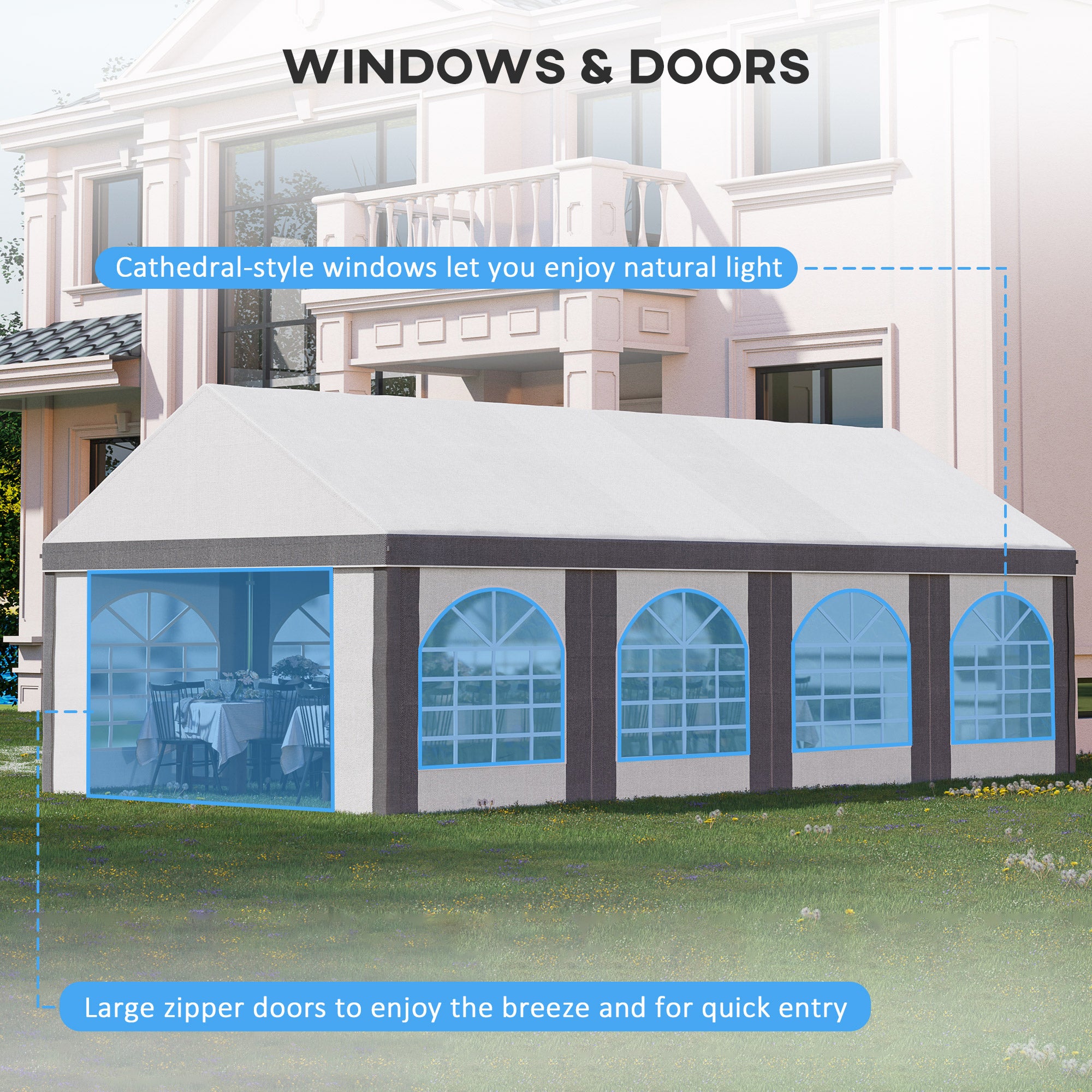 8 x 4m Galvanised Party Tent with Sides and Windows - White and Grey