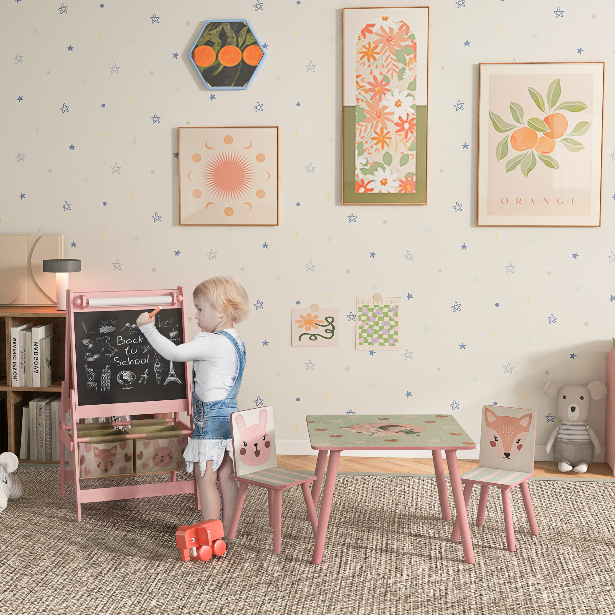 Kids Table and Chair Set and Kids Easel with Paper Roll, Storage Baskets, Kids Activity Furniture Set, Pink