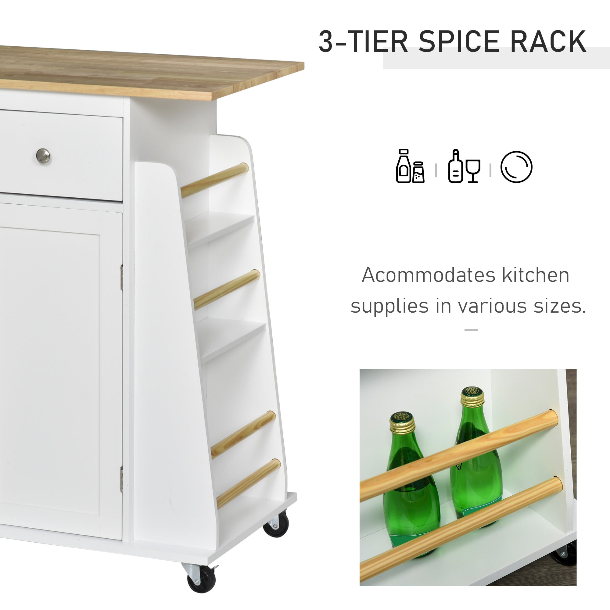 Kitchen Island Storage Cabinet Rolling Trolley with Rubber Wood Top, 3-Tier Spice Rack, Large Cabinet & Drawers