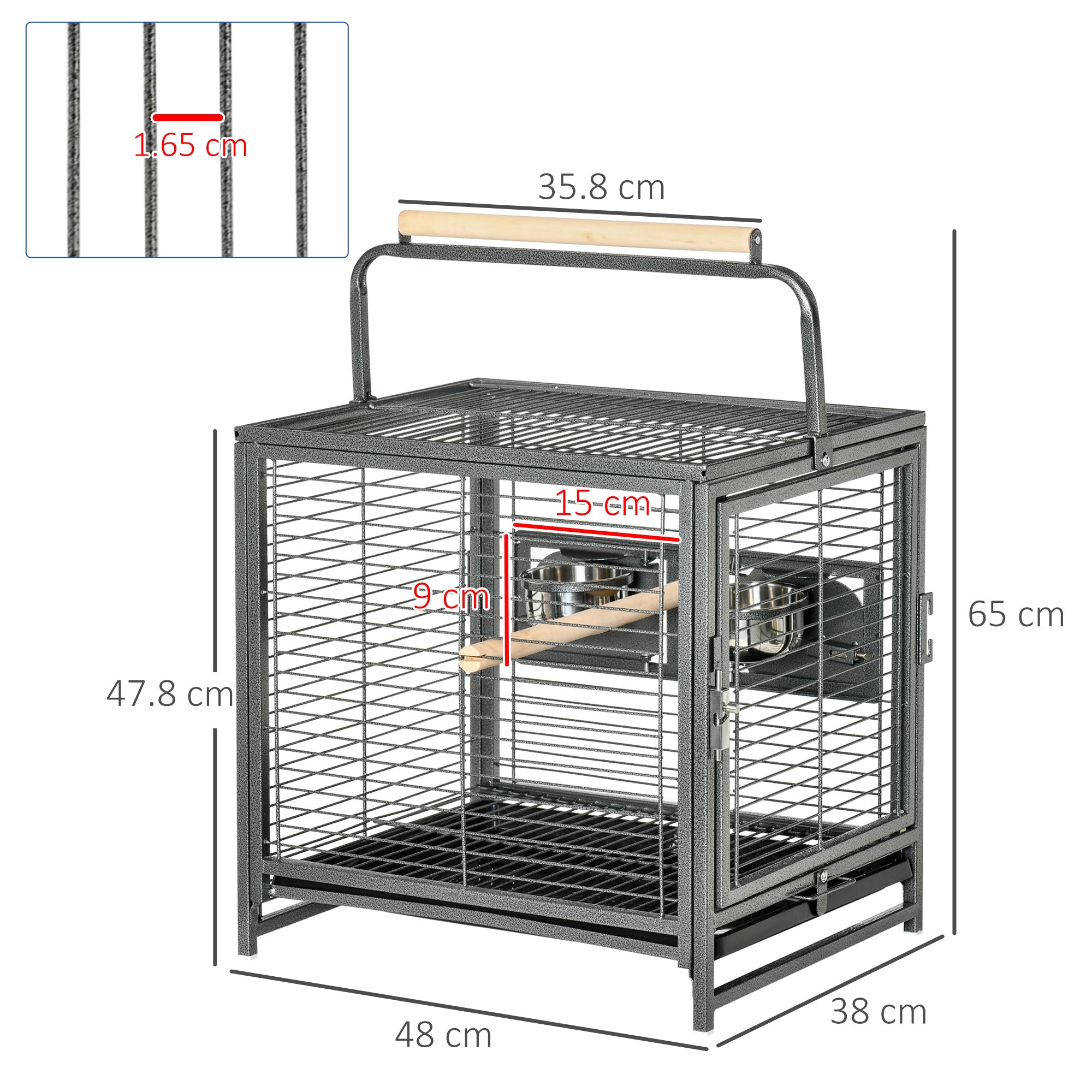 Metal Parrot Travel and Breeding Cage for Small Birds with Wooden Perch and Bowls - Black