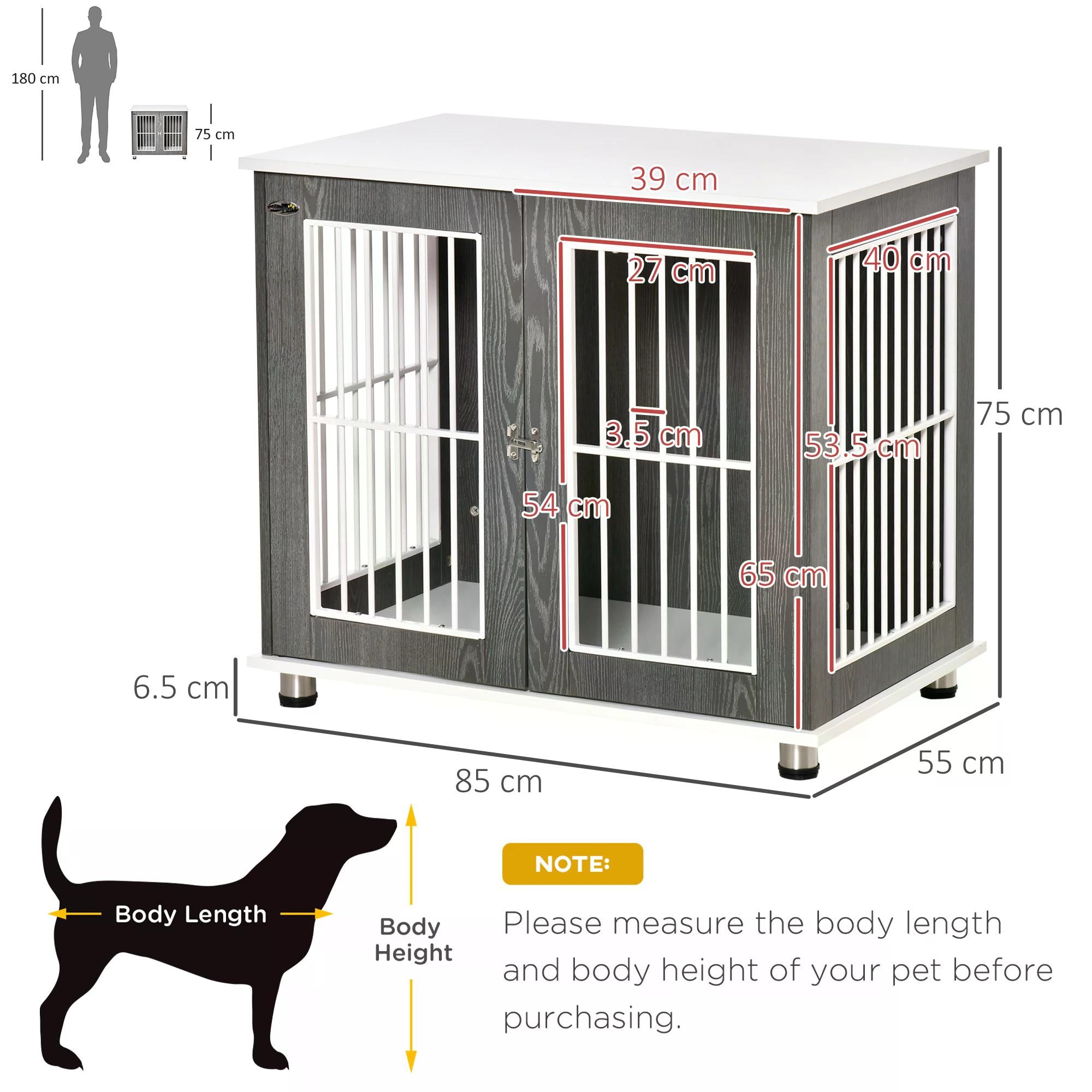 Dog Crate, Wooden Pet Kennel Cage with Lockable Door and Adjustable Foot Pads, Modern Design, Grey and White