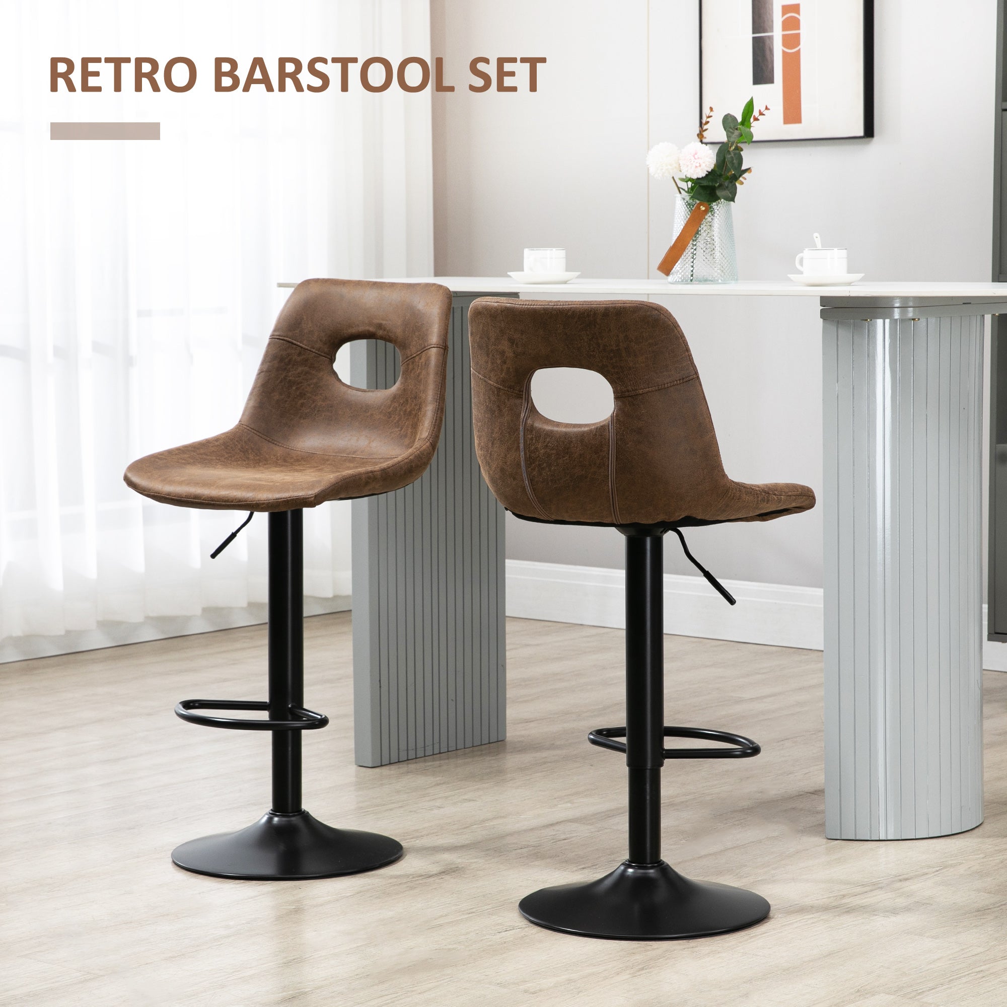 Set of 2 Bar stools With Backs,retro-look , faux leather, Adjustable Breakfast Dining Stools with Backrest, Footrest, Brown