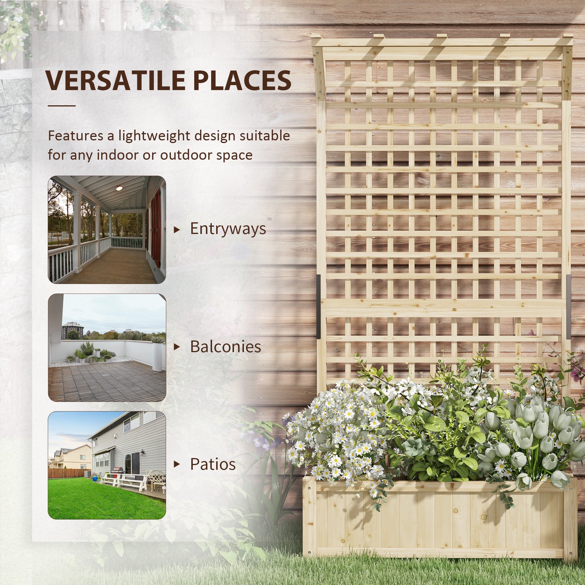 Raised Bed with Drainage Holes, Wood Planter with Trellis for Climbing Plants to Grow Vegetables, Flowers, Natural