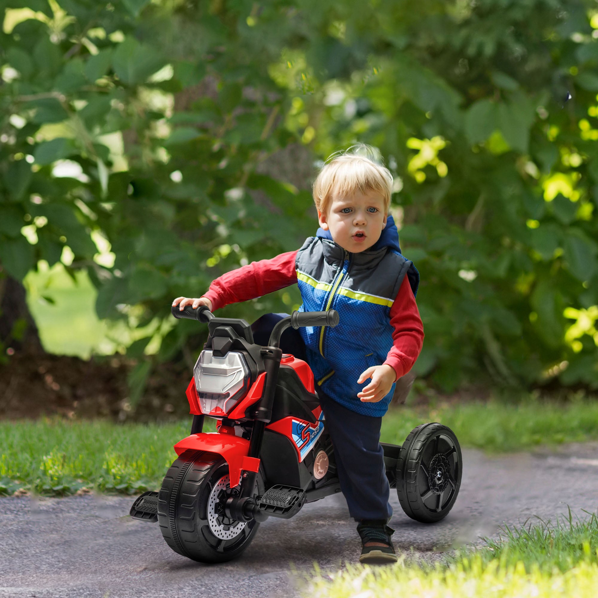 Motorcycle Design 3 in 1 Toddler Trike, Sliding Car, Balance Bike with Headlight, Music, Horn, Red