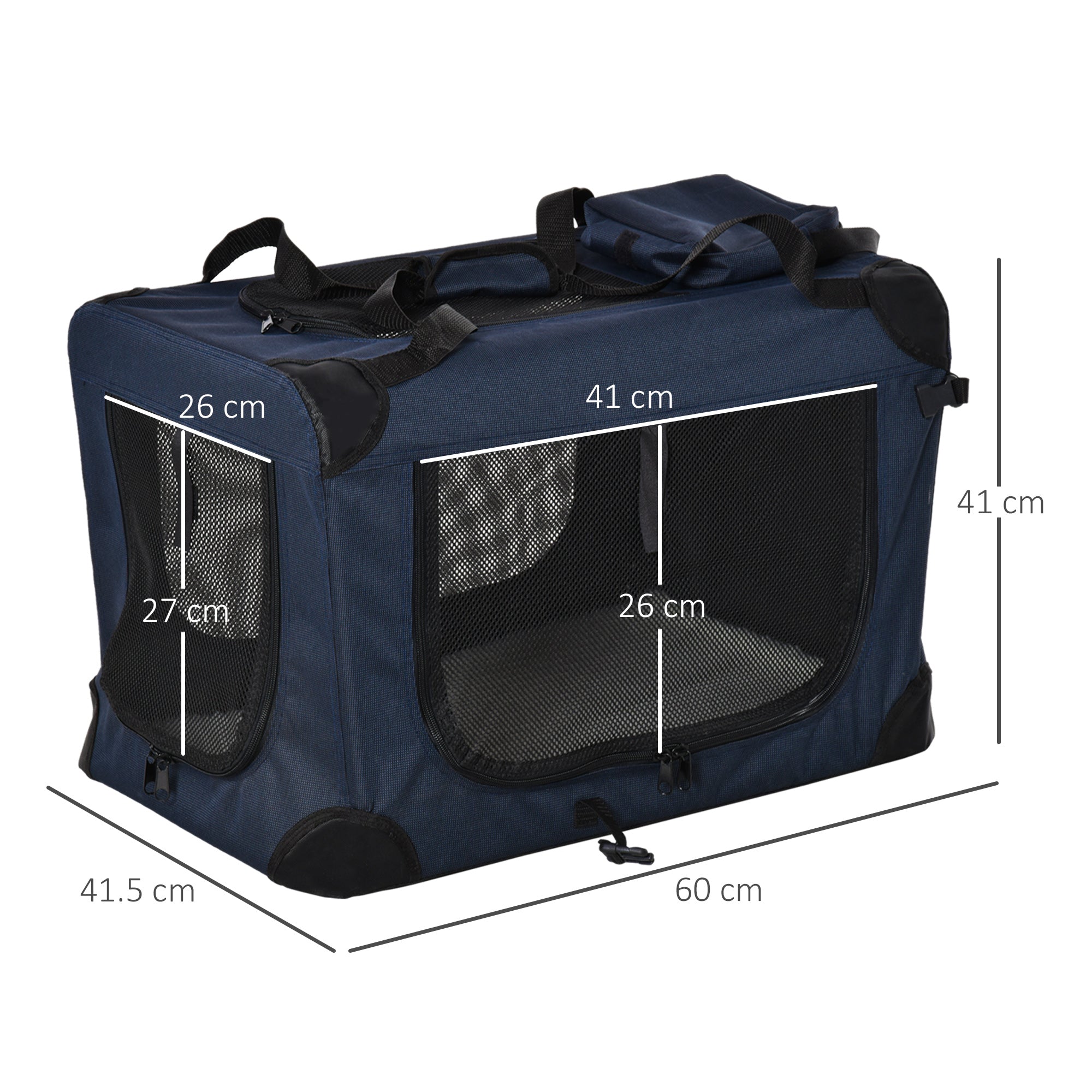 Pet Carrier Folding Dog Bag Portable Cat Carrier Soft Pet Crate w/ Cushion, 60 x 41.5 x 41 cm, Dark Blue