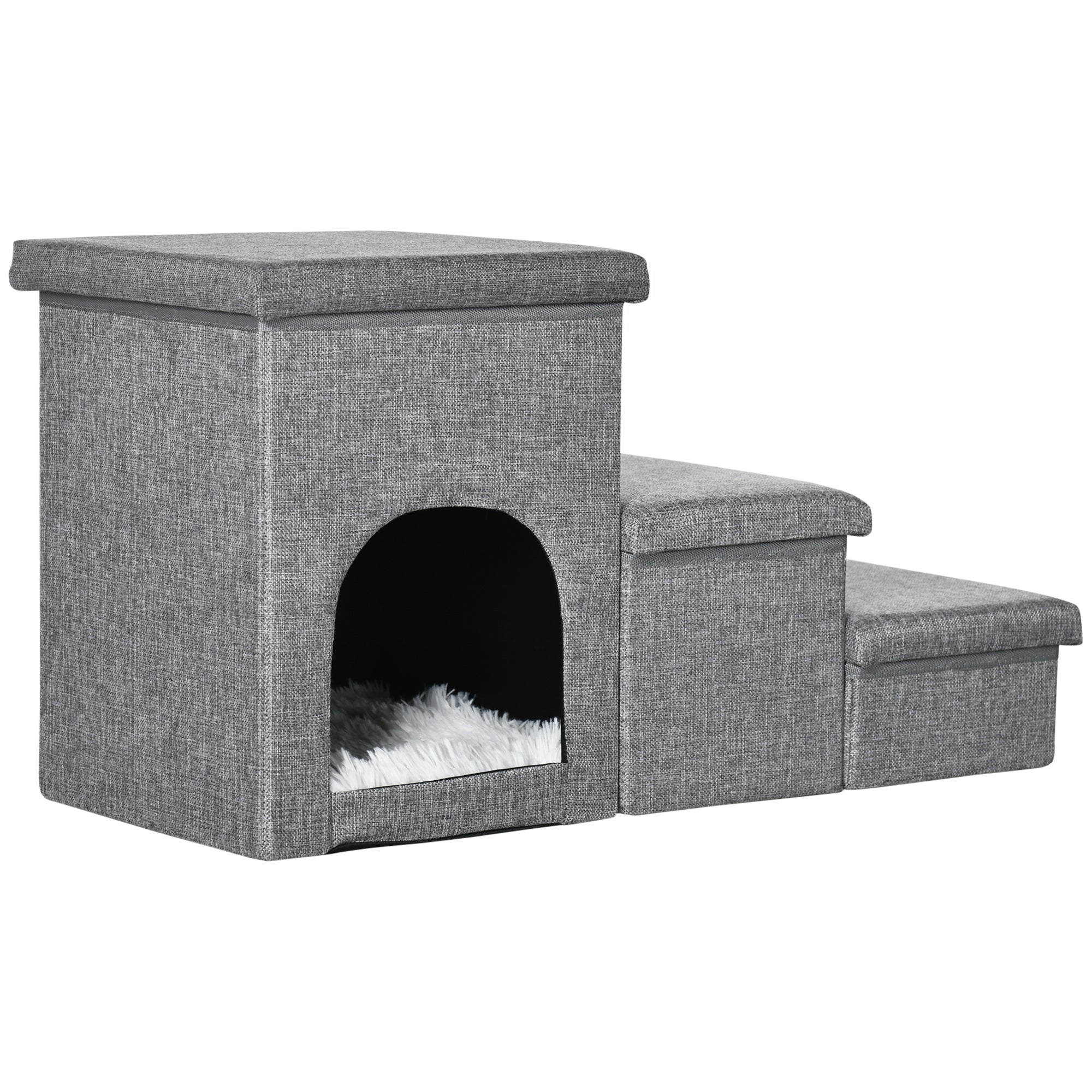 Dog Steps 3-step Pet Stairs with Kitten House and 2 Storage Boxes, 3 in 1 Dog Ramp for Sofa with Washable Plush Cushion