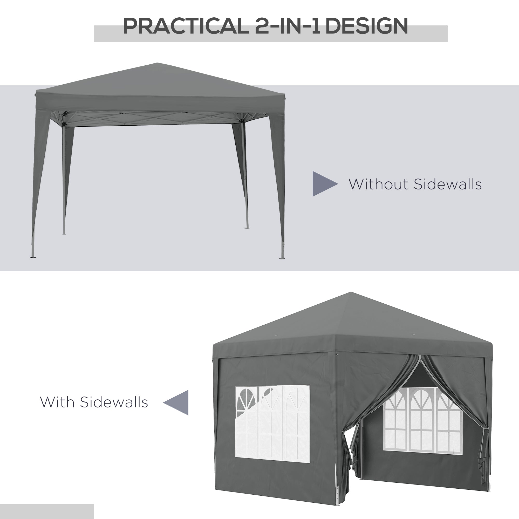 3 x 3 Meters Pop Up Water Resistant Gazebo Wedding Camping Party Tent Canopy Marquee with Carry Bag and 2 Windows, Grey