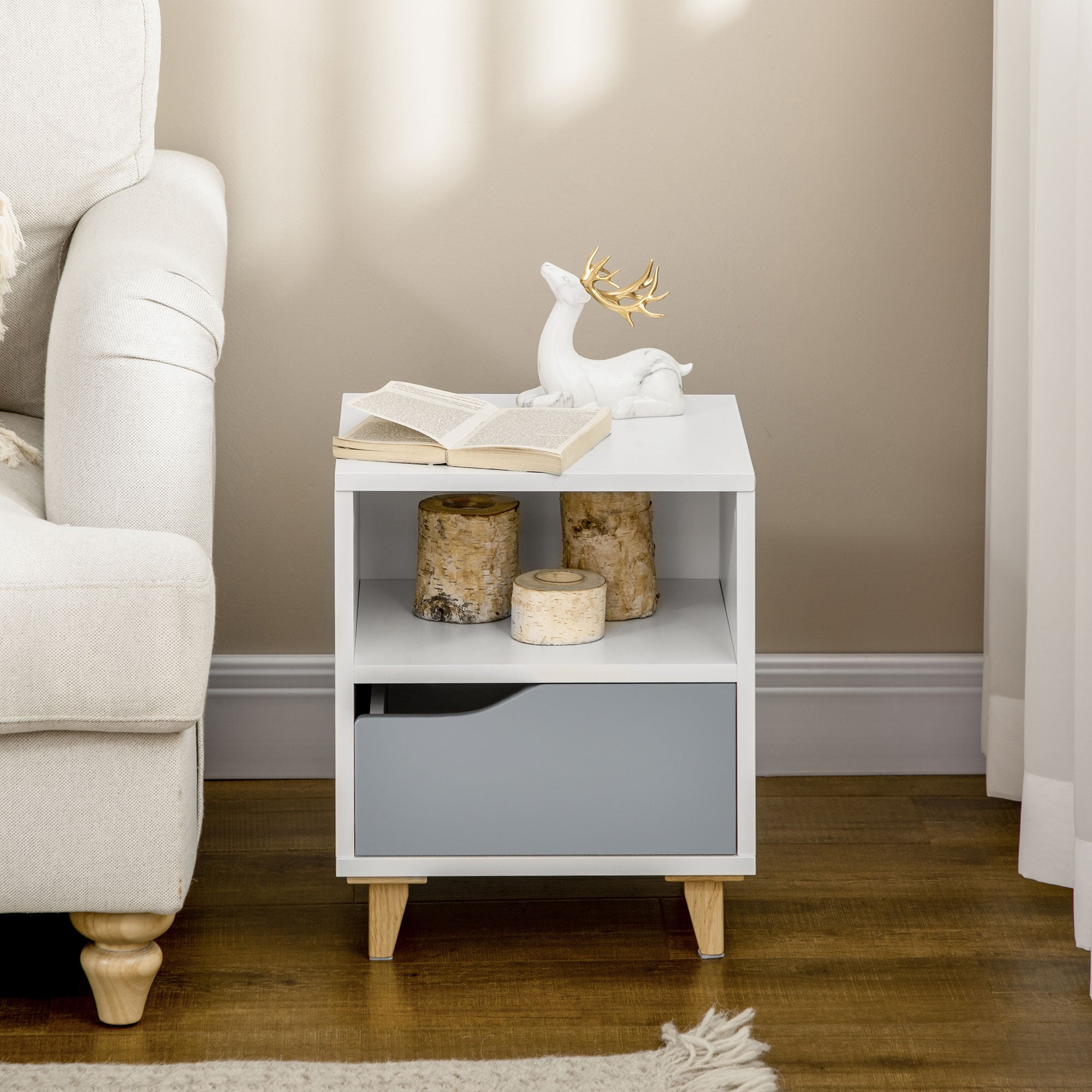 Modern Bedside Table, Side End Table with Shelf, Drawer and Wood Legs, 36.8cmx33cmx43.8cm, White and Grey