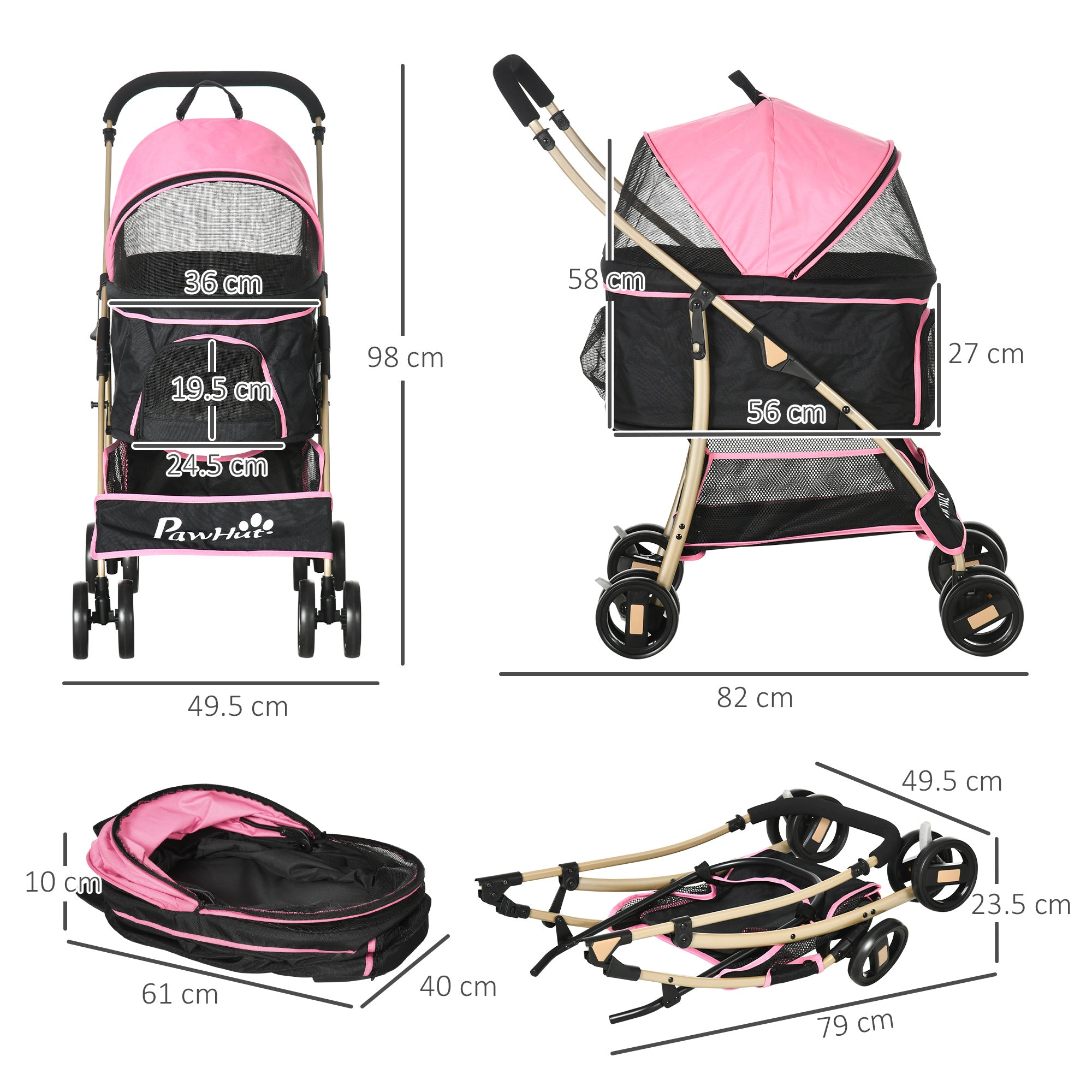 Detachable Pet Stroller, 3-In-1 Dog Cat Travel Carriage, Foldable Carrying Bag with Universal Wheel Brake Canopy Basket Storage Bag, Pink