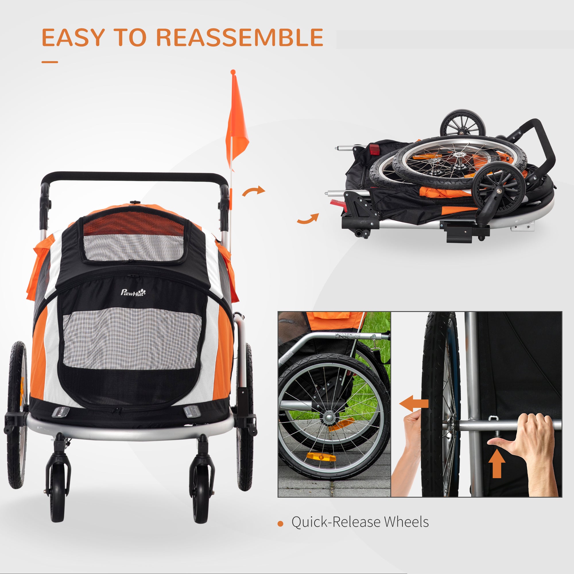 Dog Bike Trailer 2-in-1 Pet Stroller for Large Dogs Cart Foldable Bicycle Carrier Aluminium Frame with Safety Leash Hitch Coupler Flag Orange