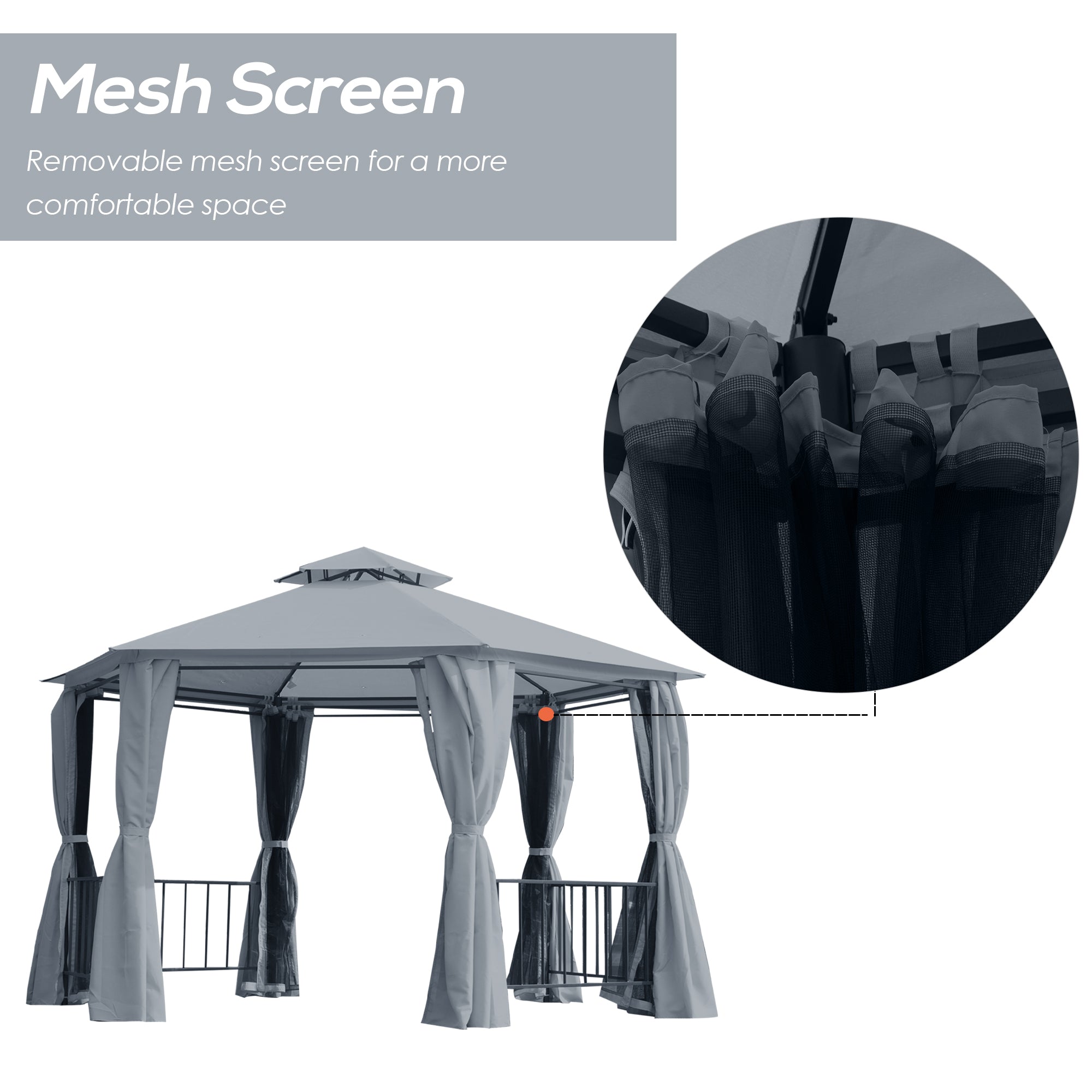 Hexagon Gazebo Patio Canopy Party Tent Outdoor Garden Shelter w/ 2 Tier Roof & Side Panel - Grey