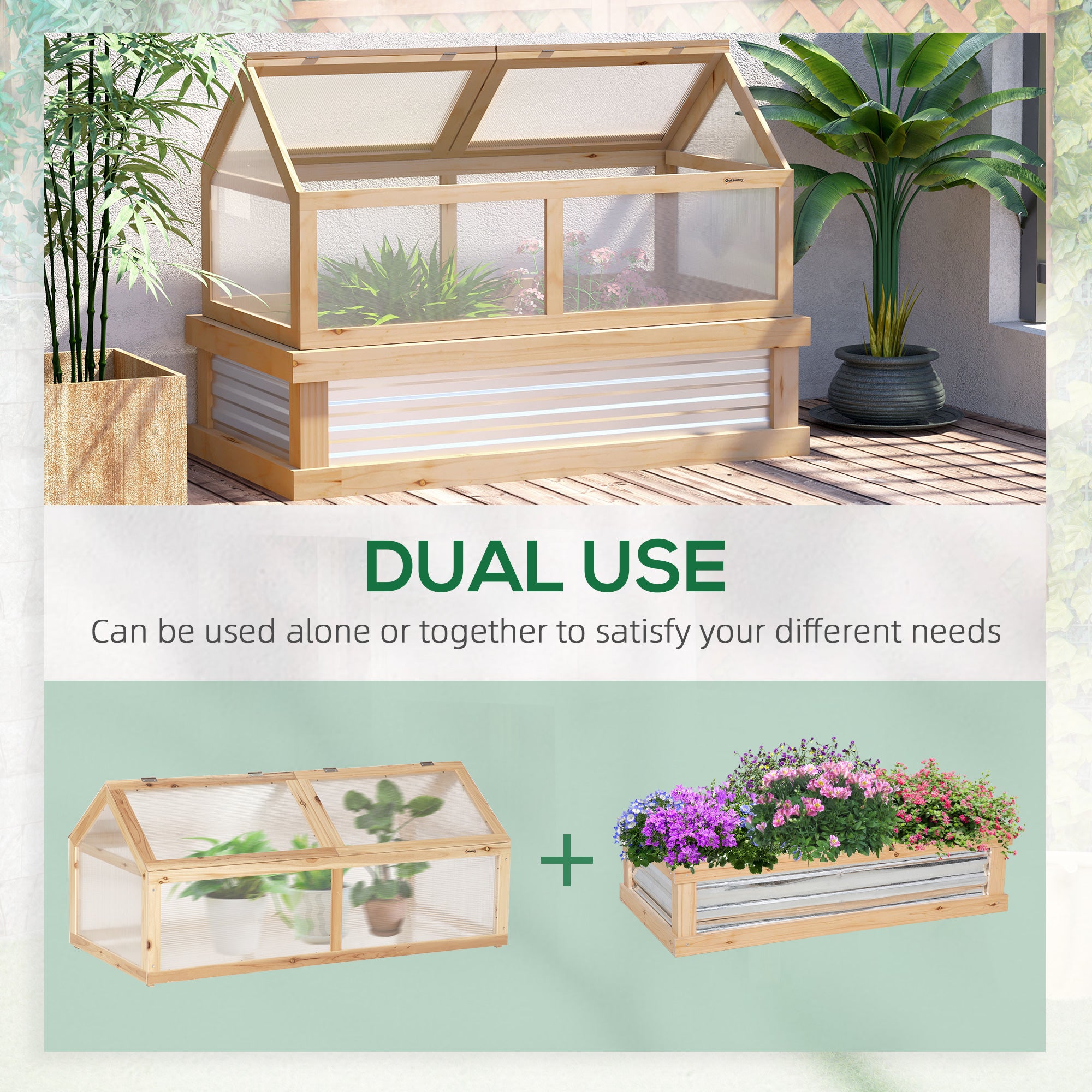 Raised Garden Bed with Greenhouse Top, Garden Wooden Cold Frame Greenhouse Flower Planter Protection, 122x 61 x 81.7cm, Natural