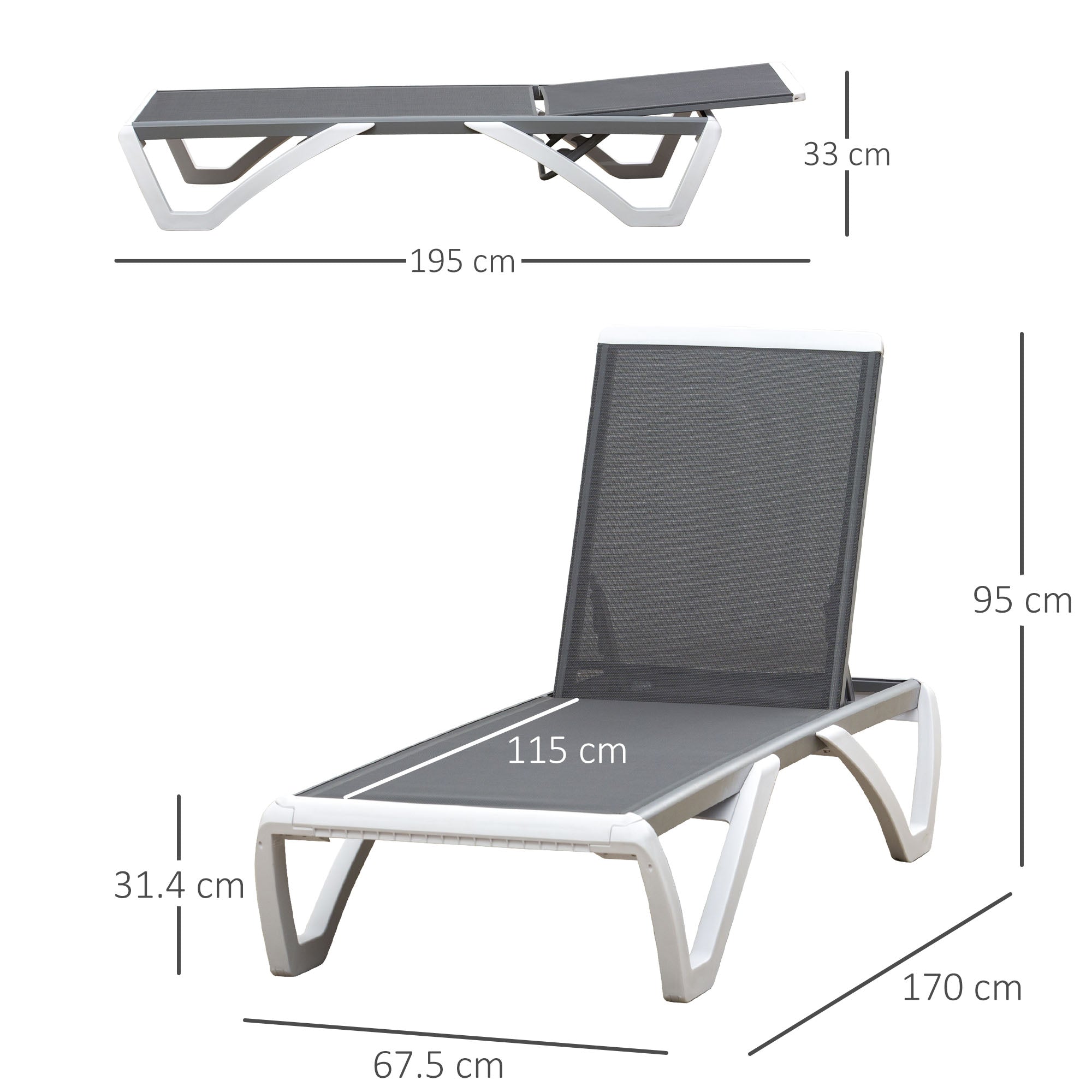 Portable Outdoor Chaise Lounge, with Adjustable Back, Breathable Texteline, Light Grey