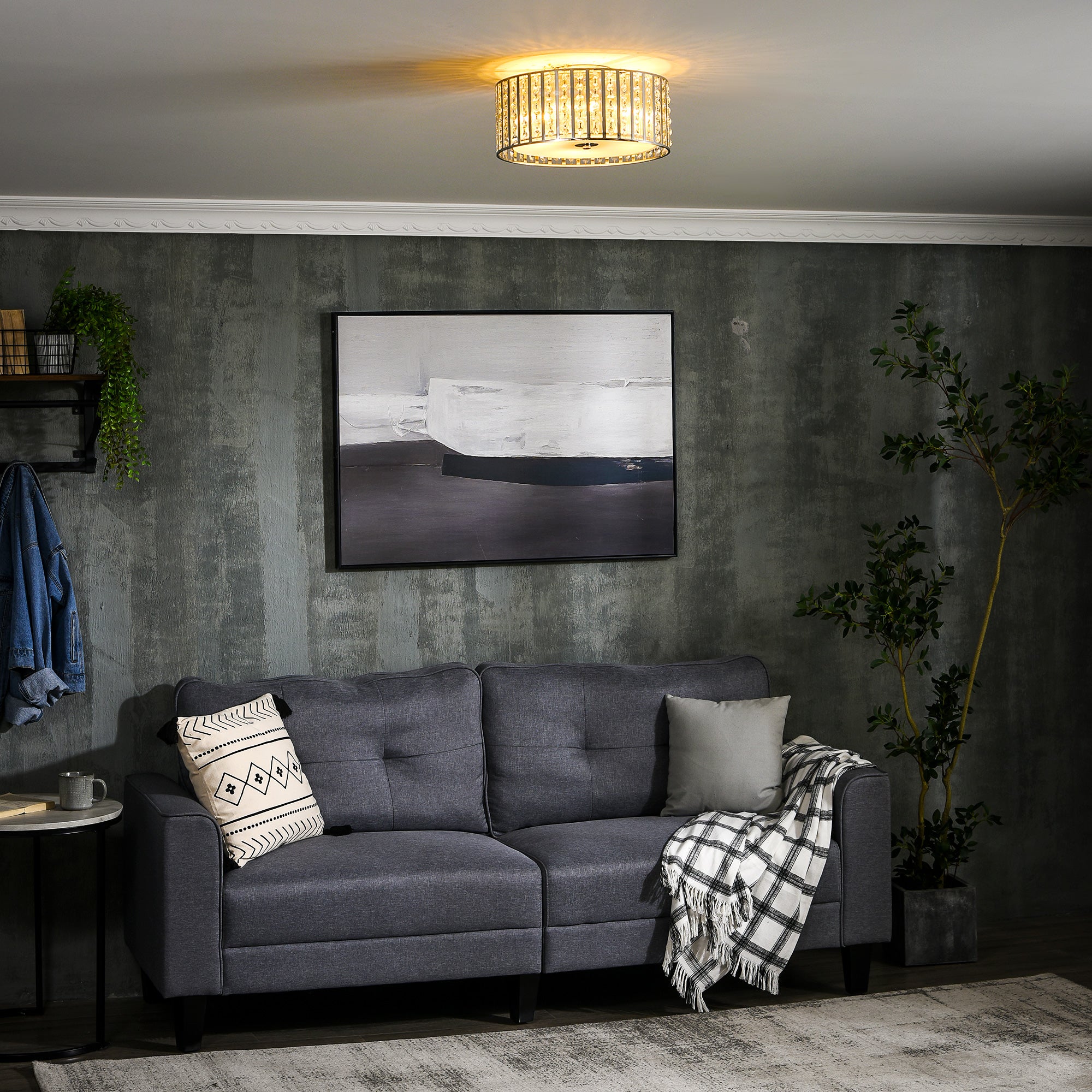 Modern K9 Crystal Chandelier Ceiling Light with Double Layer Lampshade, Round Pendant Light for Living Room, 4 G9 Bulbs Required, ?35 cm