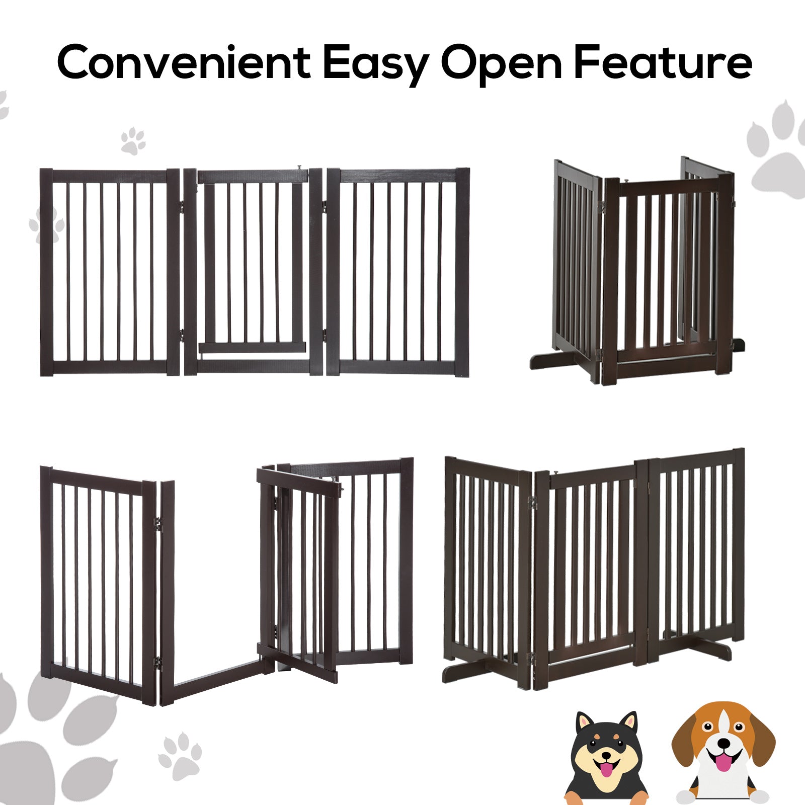 Pet Gate Freestanding Dog Gate For Stairs Wood Doorway Safety Pet Barrier Fence Foldable w/ Latch Support Feet Deep Brown, 155 x 76 cm