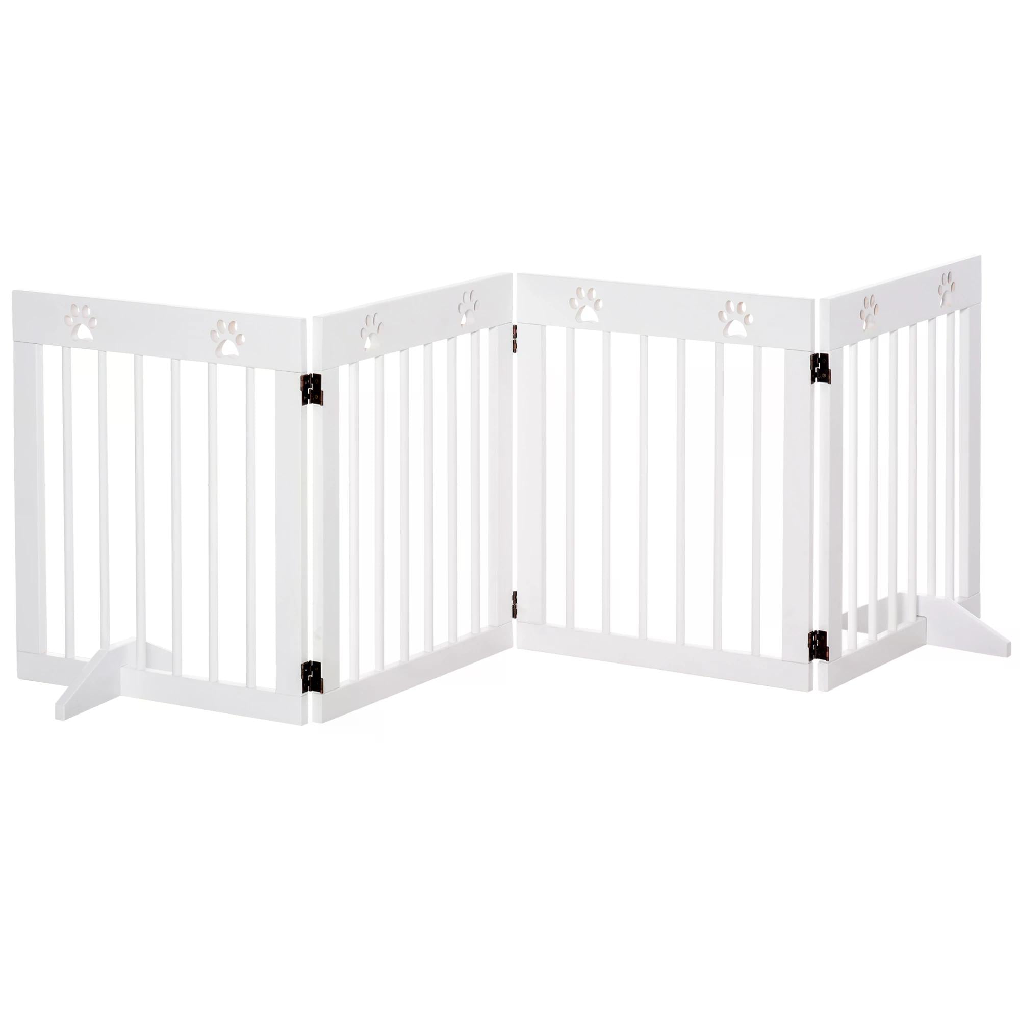 Pet Gate 4 Panel Folding Wooden Dog Barrier Freestanding Dog Gate For Stairs w/ Support Feet