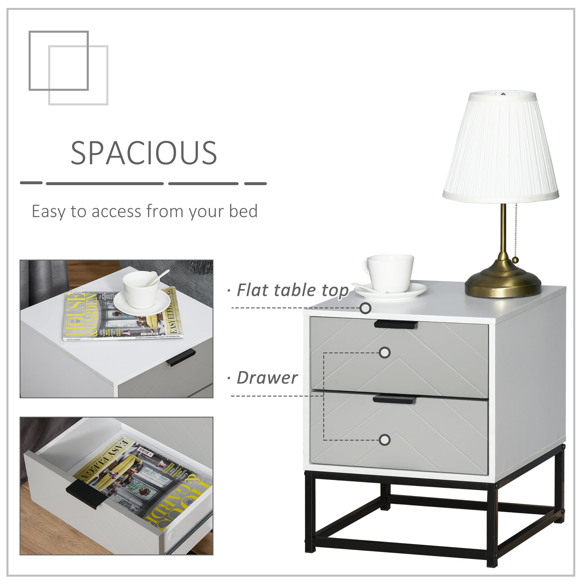 Bedside Cabinet with 2 Drawer Storage Unit, Unique Shape Bedroom Table Nightstand with Metal Base, for Living Room, Study Room, Dorm