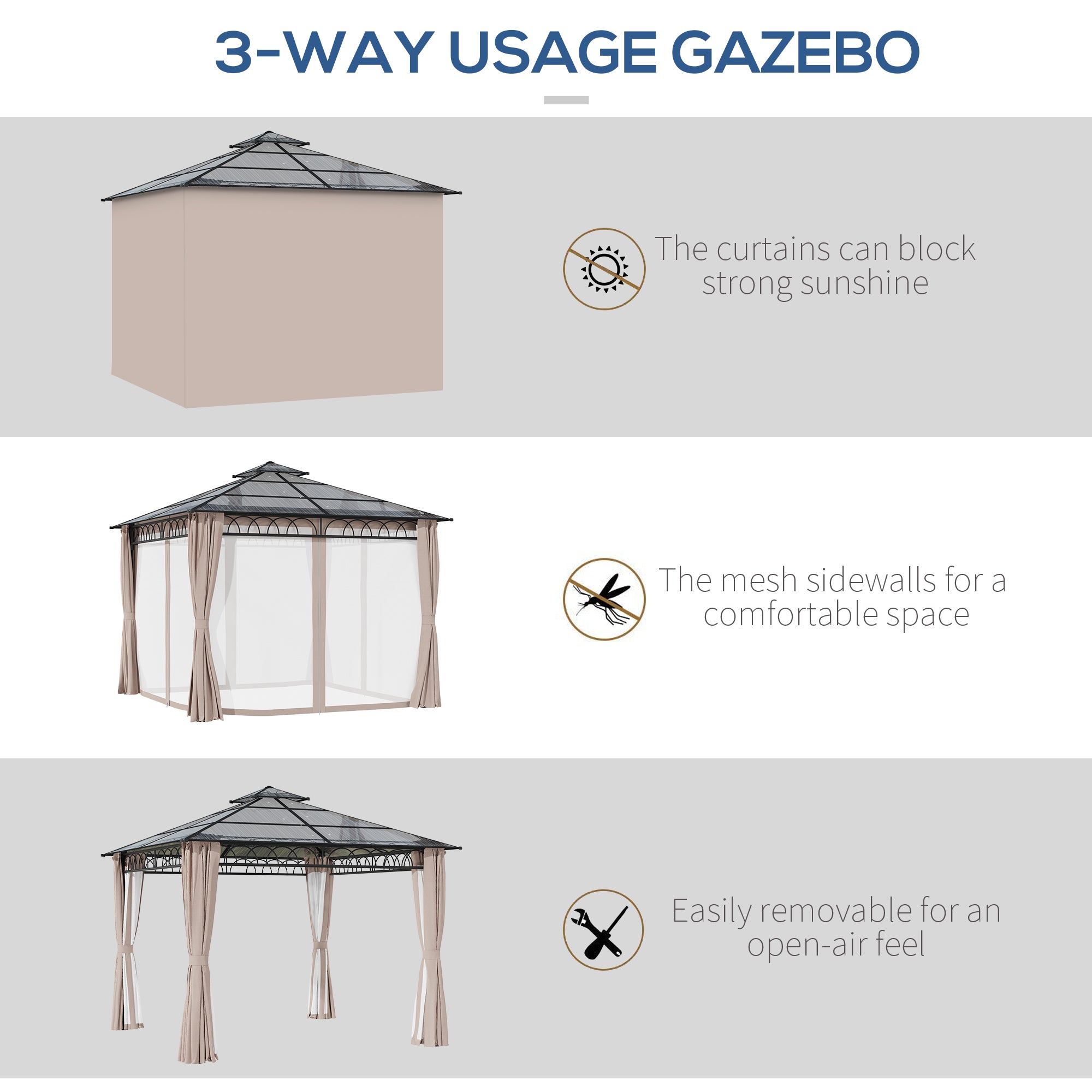 3 x 3 (m) Outdoor Polycarbonate Gazebo, Double Roof Hard Top Gazebo with Galvanized Steel Frame, Nettings & Curtains